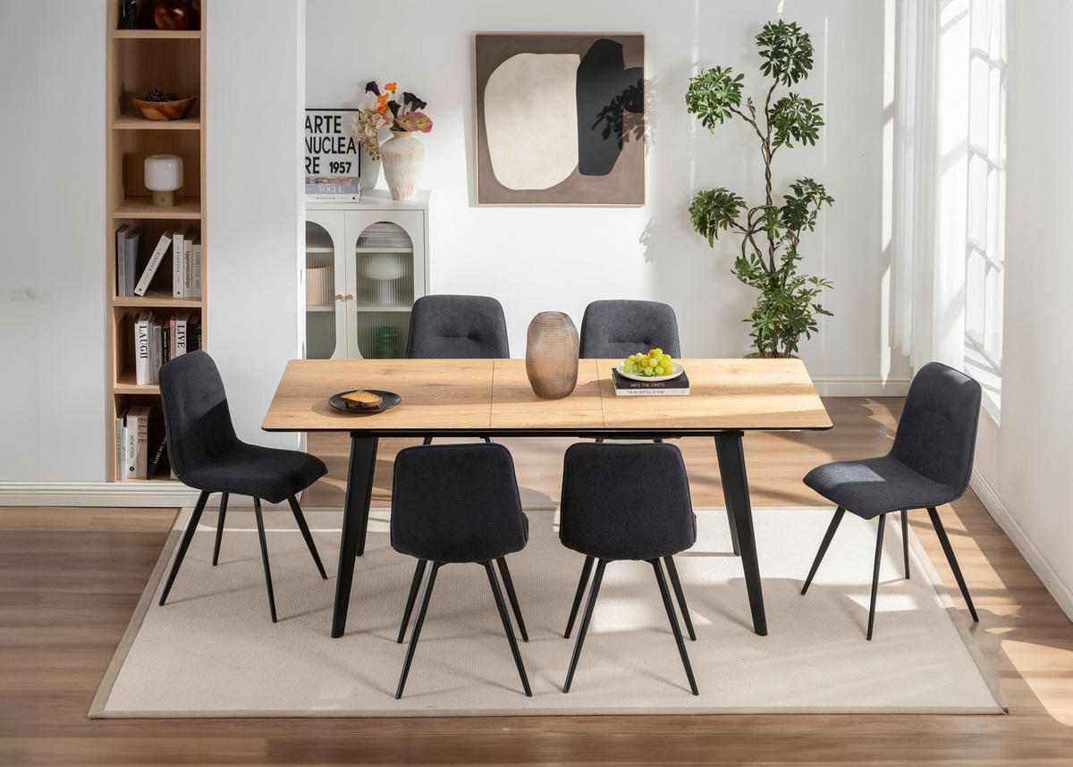 TISCHGRUPPE Holz, Metall, Textil, Holzwerkstoff Schwarz, Eichefarben  - Eichefarben/Schwarz, Basics, Holz/Holzwerkstoff (46/160-200/89/76/55/90cm) - Livetastic