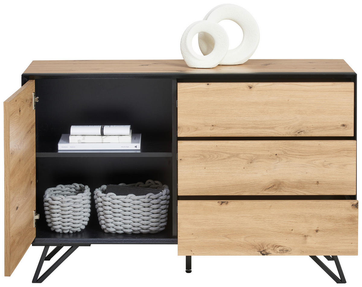 KOMODA, črna, barve hrasta  - črna/barve hrasta, Design, kovina/leseni material (116/75/40cm) - Xora