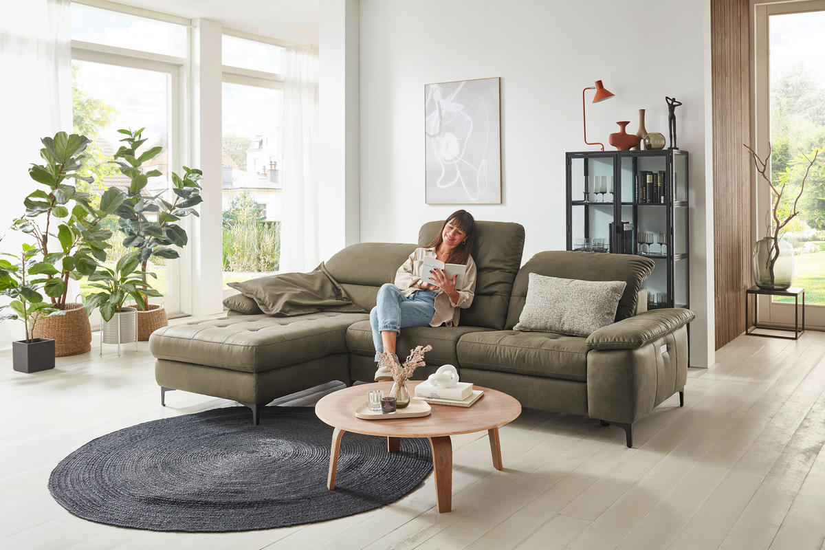 ECKSOFA Olivgrün Mikrofaser Kopfteilverstellung  - Chromfarben/Olivgrün, Design, Textil/Metall (184/280cm) - Pure Home Comfort