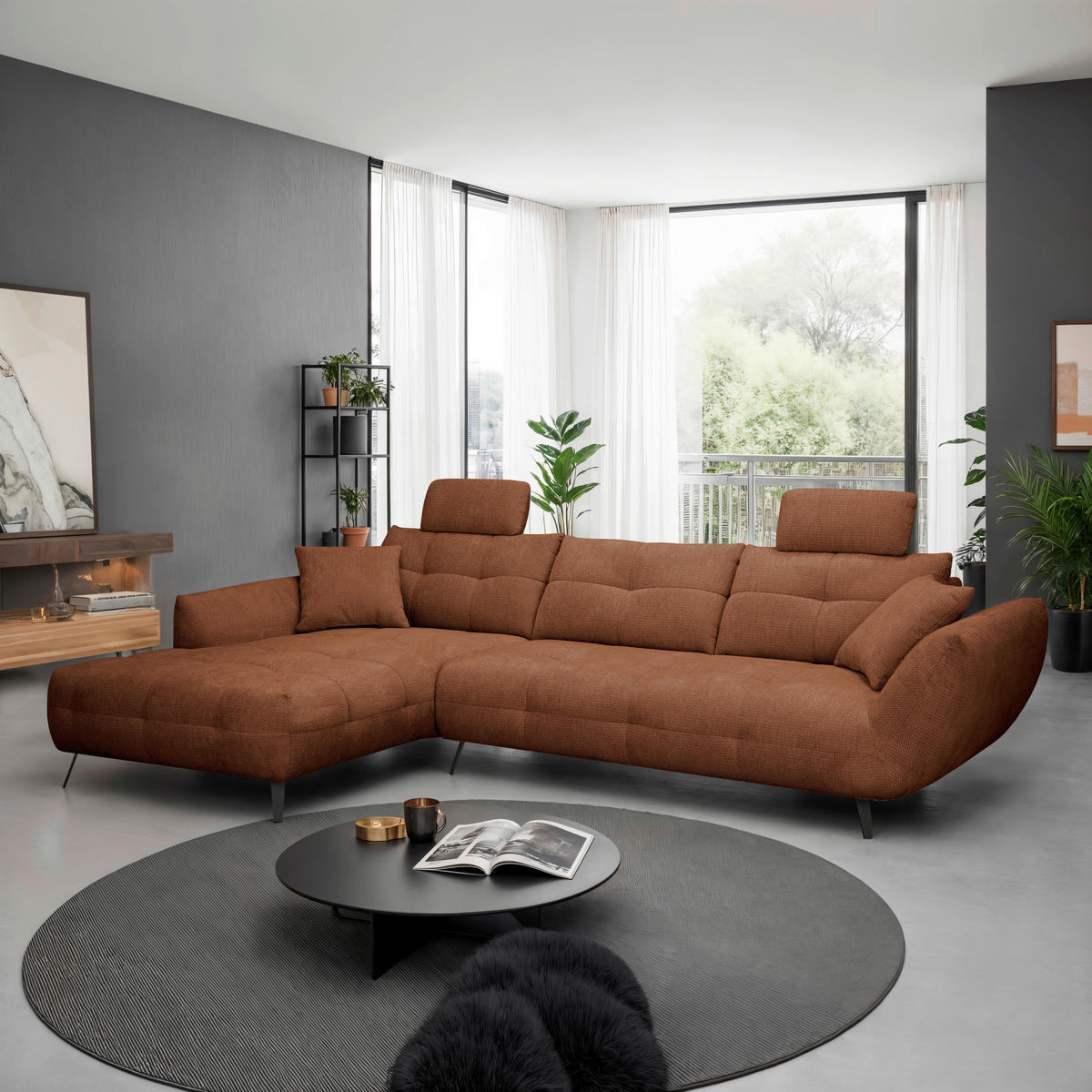 ECKSOFA Dunkelorange Chenille Armlehnenkissen, Rücken echt, Sitztiefenverstellung  - Dunkelorange/Schwarz, KONVENTIONELL, Textil/Metall (215/313cm) - Hom`in