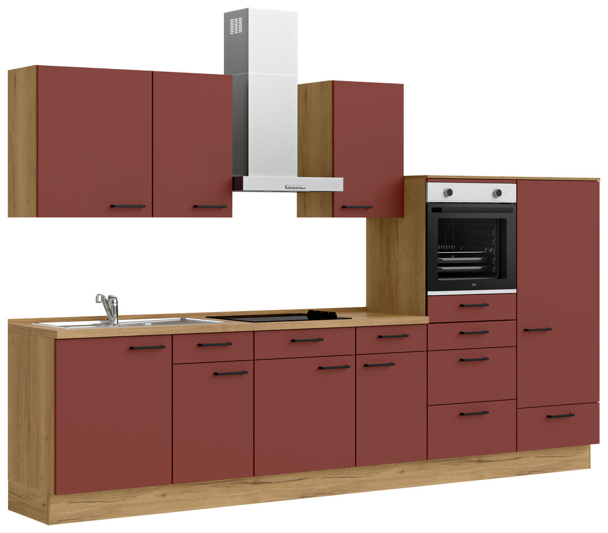 KÜCHENBLOCK 330 cm   in Eichefarben, Dunkelrot  - Eichefarben/Schwarz, MODERN, Holzwerkstoff/Metall (330cm) - Nobilia