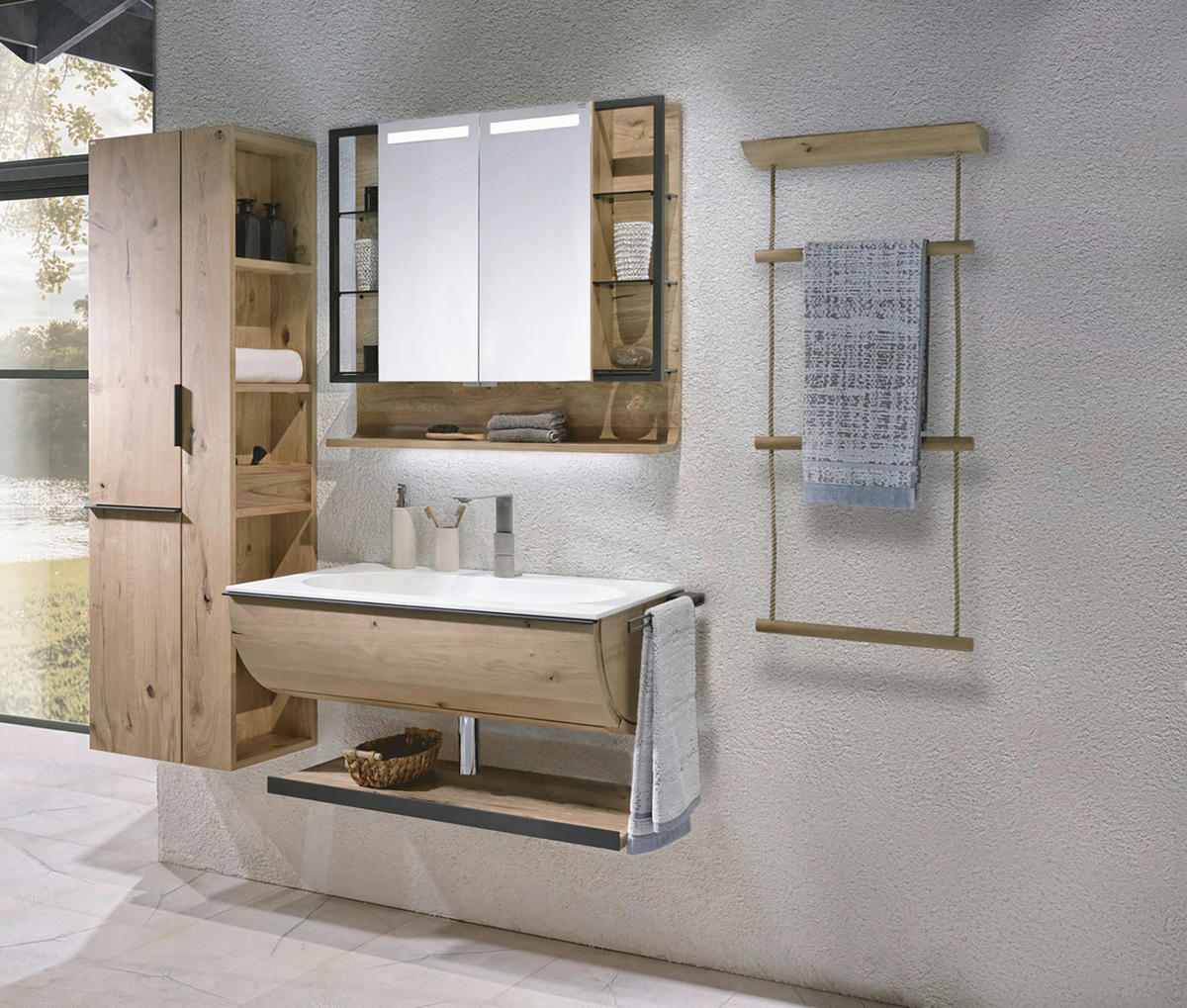 BADEZIMMER 4-teilig  in 96 cm  - Eichefarben/Weiß, KONVENTIONELL, Glas/Holz (96cm) - Voglauer