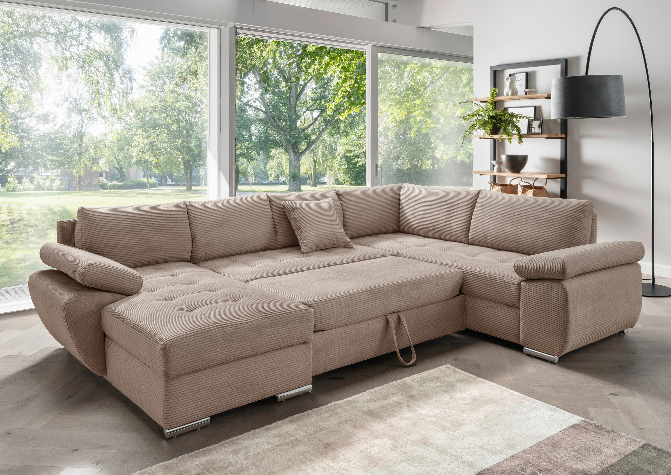 WOHNLANDSCHAFT Graubraun Cord  - Chromfarben/Graubraun, KONVENTIONELL, Textil/Metall (157/305/219cm) - Livetastic