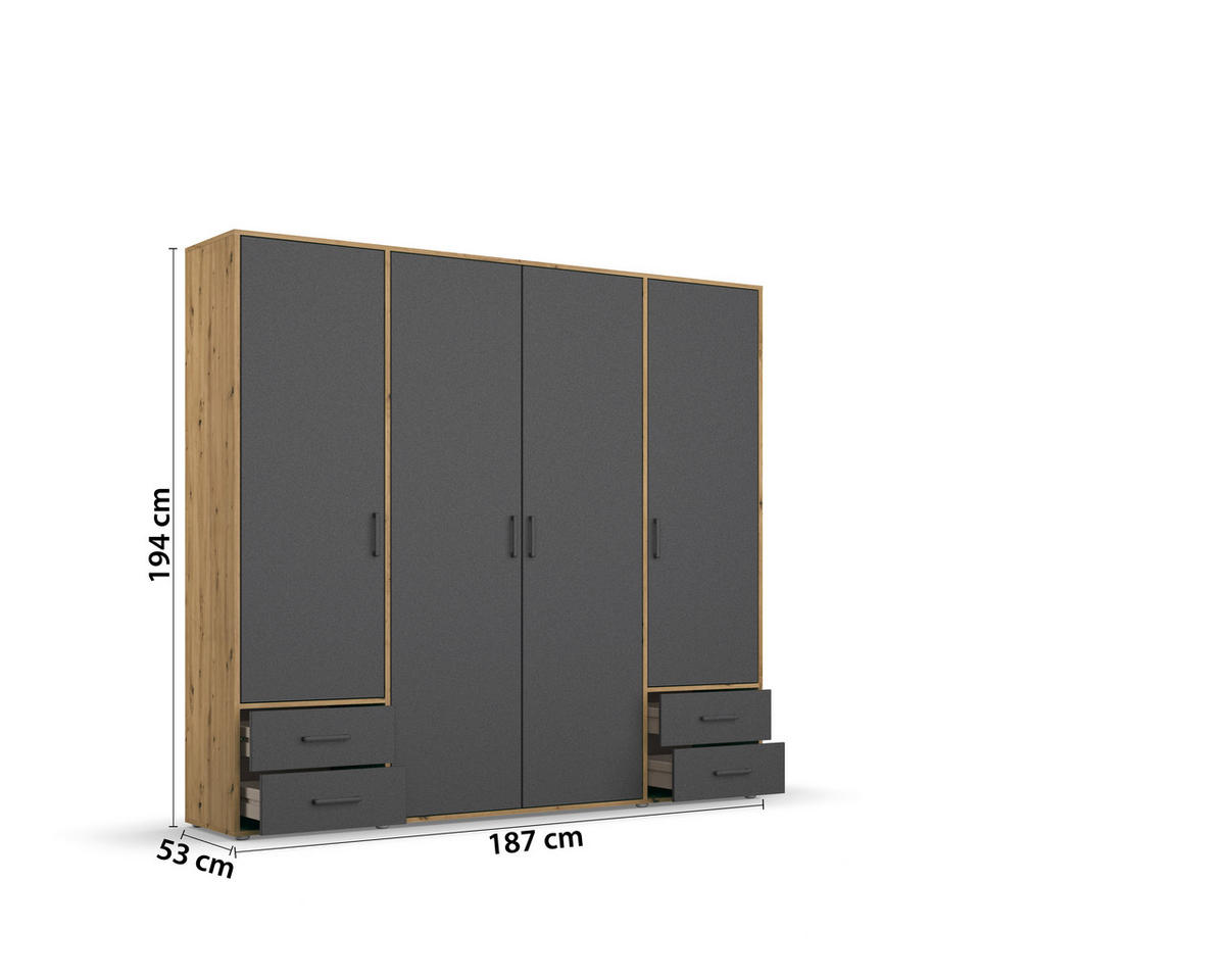 DREHTÜRENSCHRANK in Grau, Eiche Artisan  - Eiche Artisan/Grau, Modern, Holzwerkstoff/Kunststoff (187/194/53cm) - Rauch Möbel
