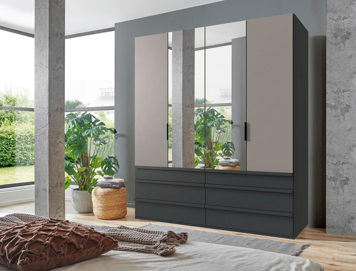FALTTÜRENSCHRANK 200/216/58 cm 4-türig Graphitfarben, Grau, Sahara  - Schwarz/Graphitfarben, Design, Glas/Holzwerkstoff (200/216/58cm) - Boxxx
