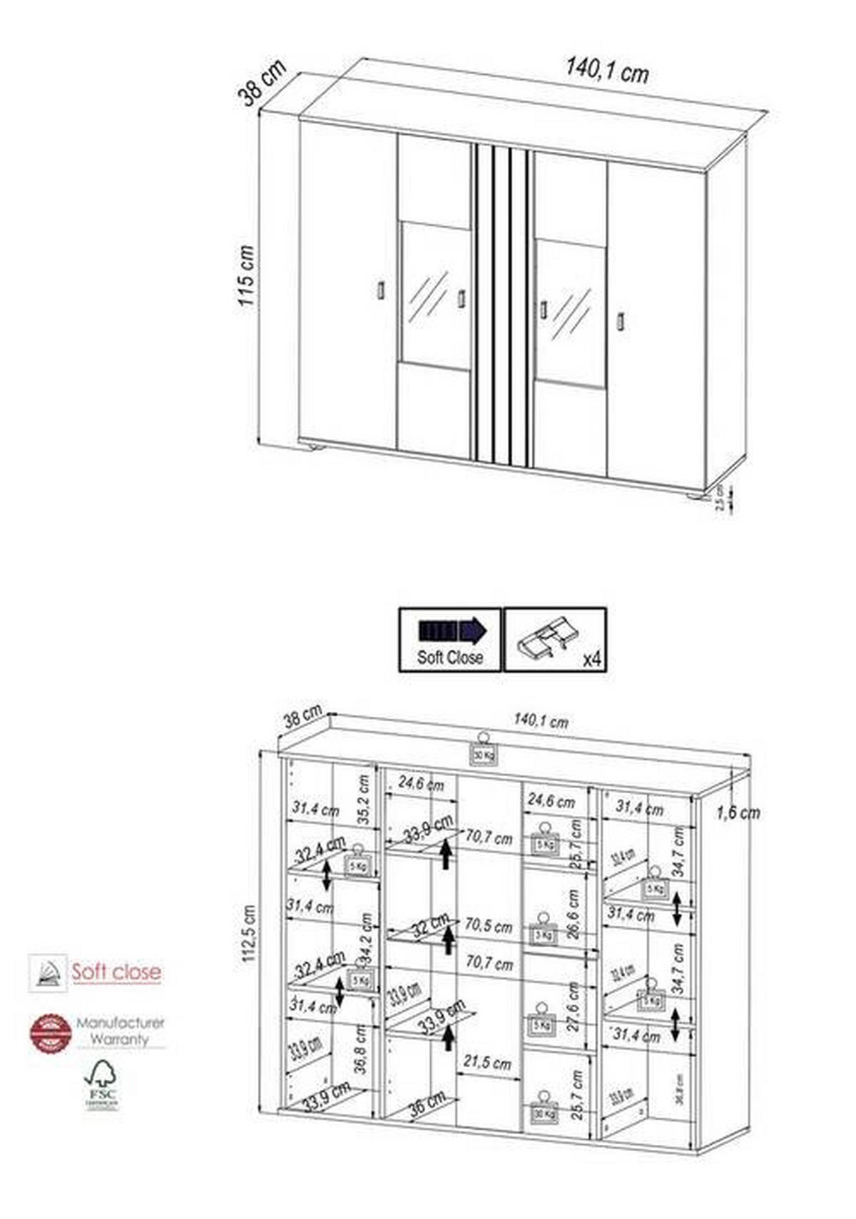 HIGHBOARD  in 140,1/115/38 cm  - Schwarz/Eiche Artisan, KONVENTIONELL, Glas/Holzwerkstoff (140,1/115/38cm) - Carryhome