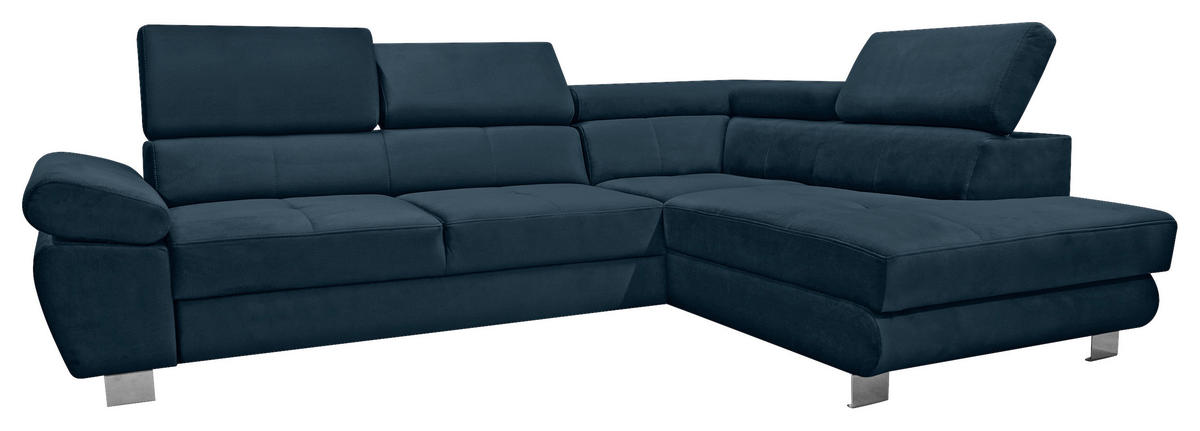 ECKSOFA Dunkelblau Webstoff Bettkasten, Schlaffunktion, Rücken echt, Armteilverstellung, Kopfteilverstellung  - Chromfarben/Dunkelblau, MODERN, Textil/Metall (278/205cm) - Stylife