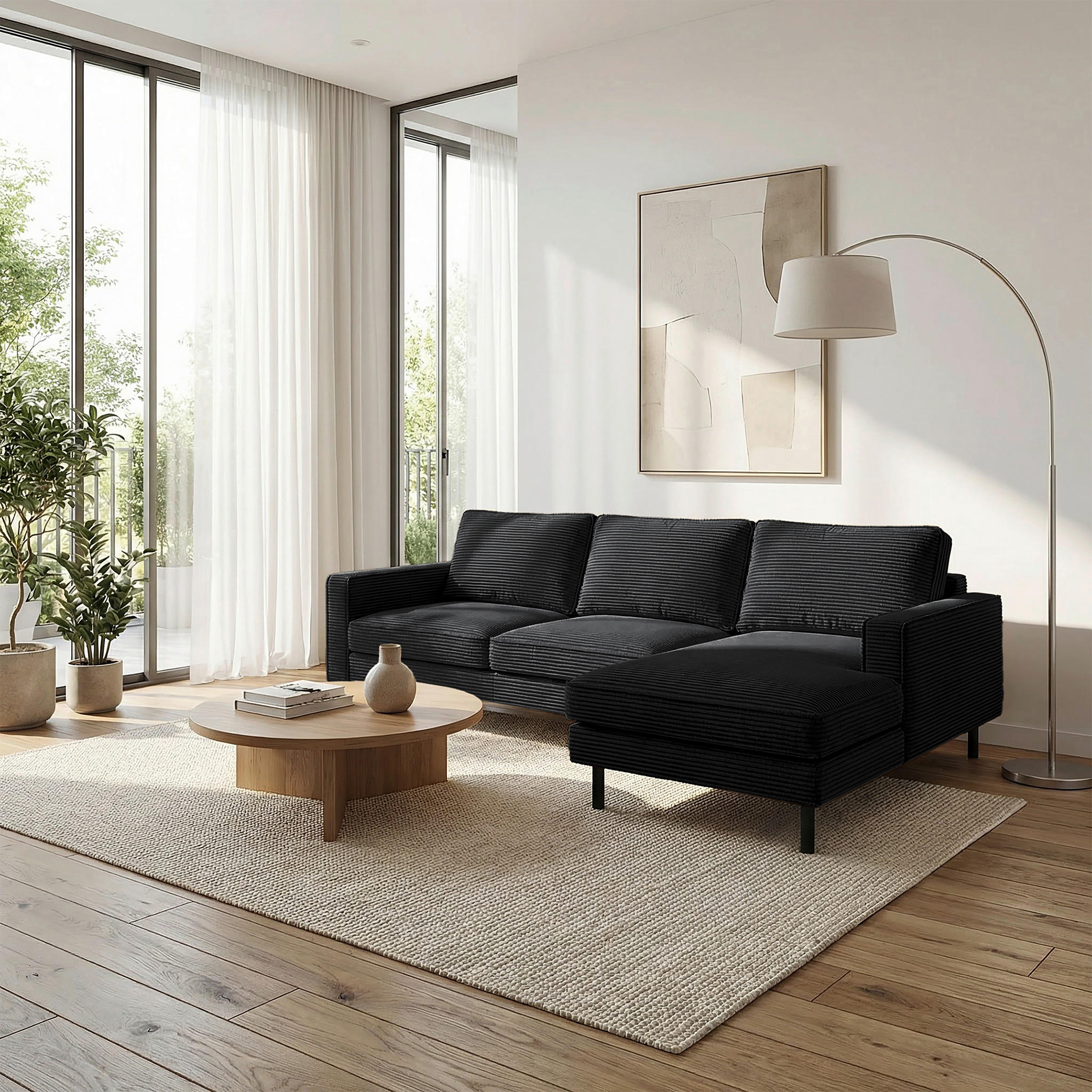 ECKSOFA Cord Schwarz  - Schwarz, Design, Textil/Metall (238/166cm) - Livetastic