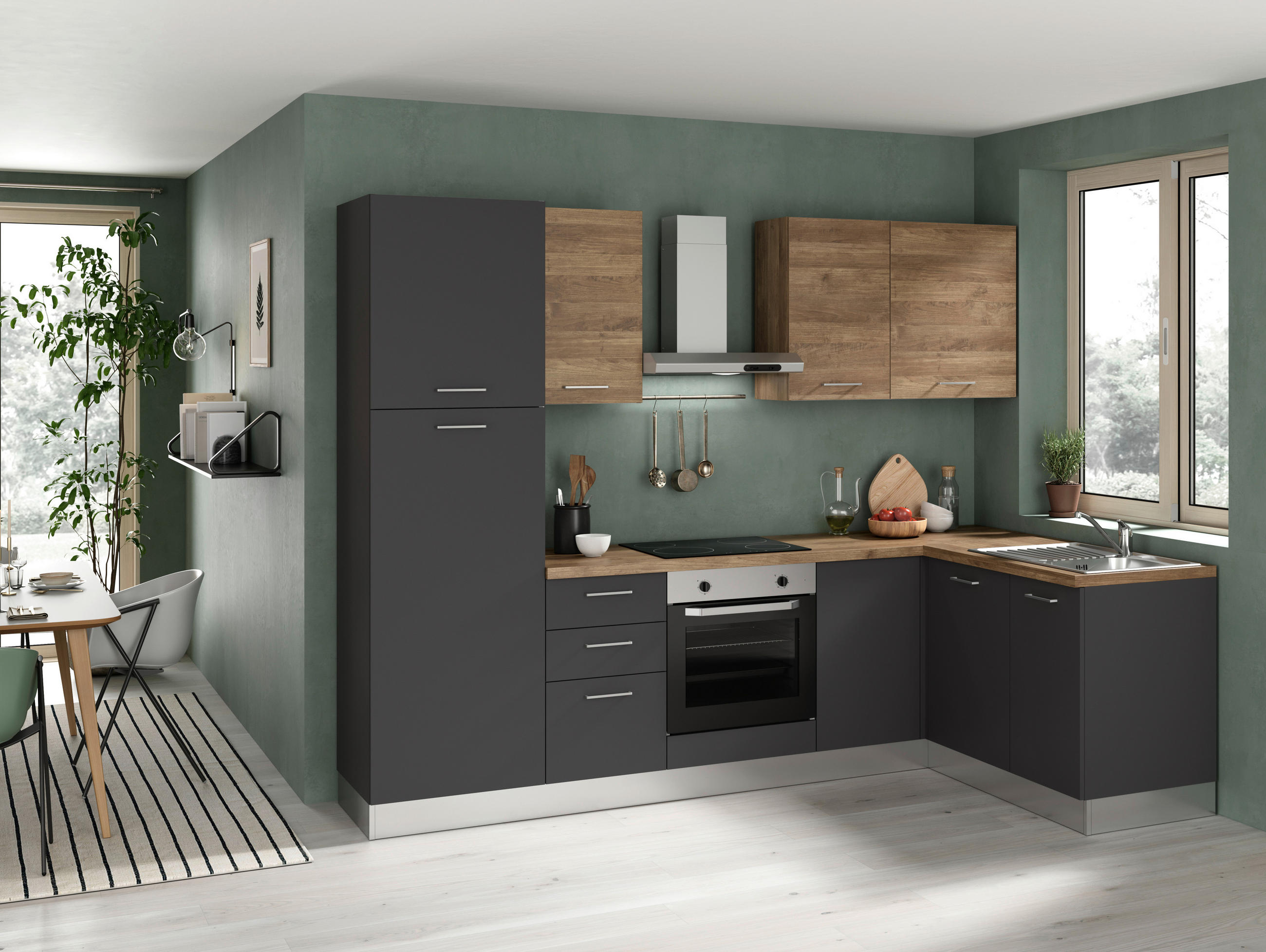 ECKKÜCHE 270/165 cm  in Anthrazit, Nussbaumfarben  - Edelstahlfarben/Anthrazit, LIFESTYLE, Holzwerkstoff/Kunststoff (270/165cm) - MID.YOU