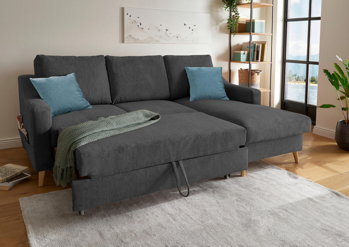 ECKSOFA in Mikrofaser Schwarz  - Blau/Schwarz, Design, Holz/Textil (228/150cm) - MID.YOU