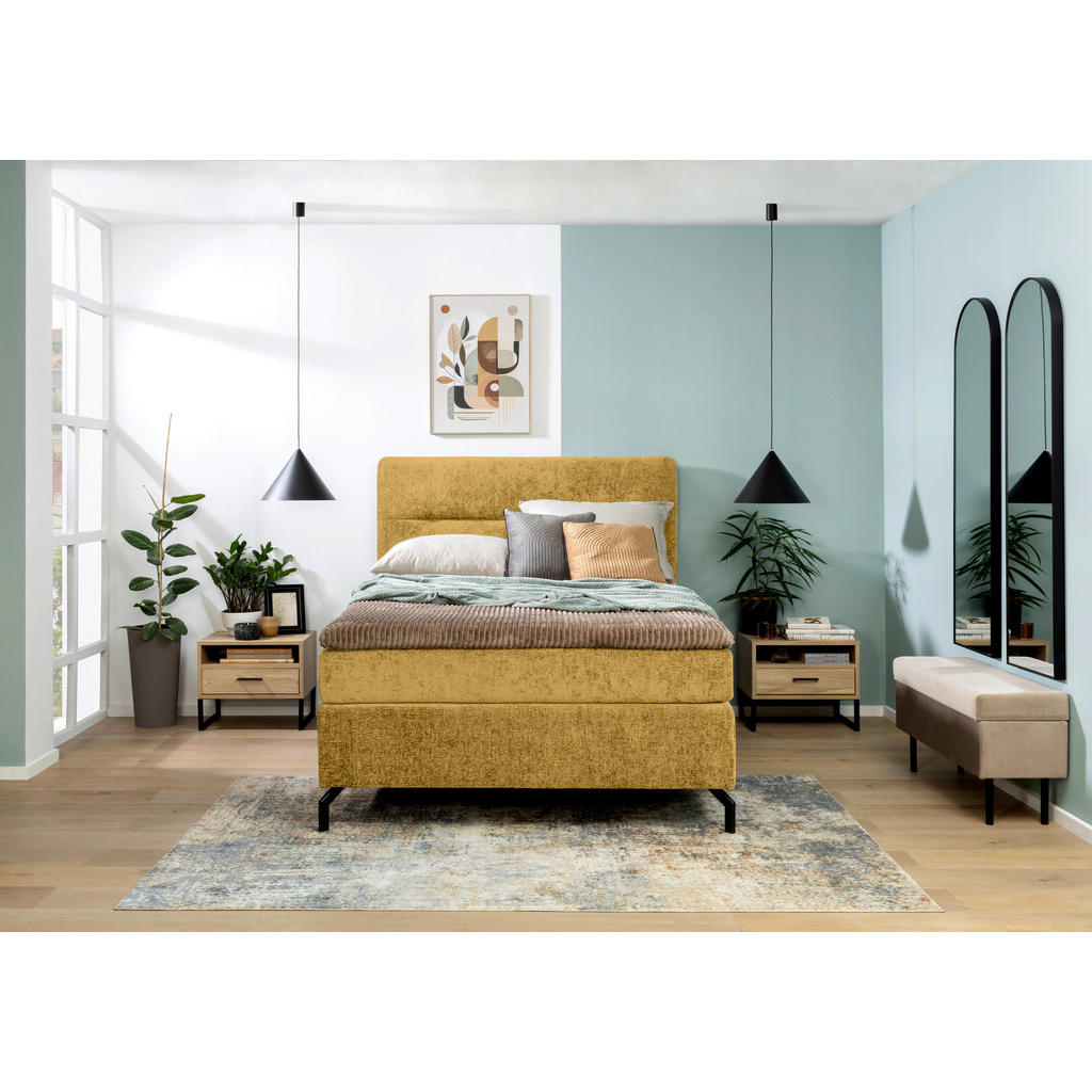 Thumbnail - Esposa Boxspringbett, Currygelb, Textil, H2, Höhe ca. 17 cm, 140x200 cm, Stoffauswahl, Topper durchgehend, Matratze in v...