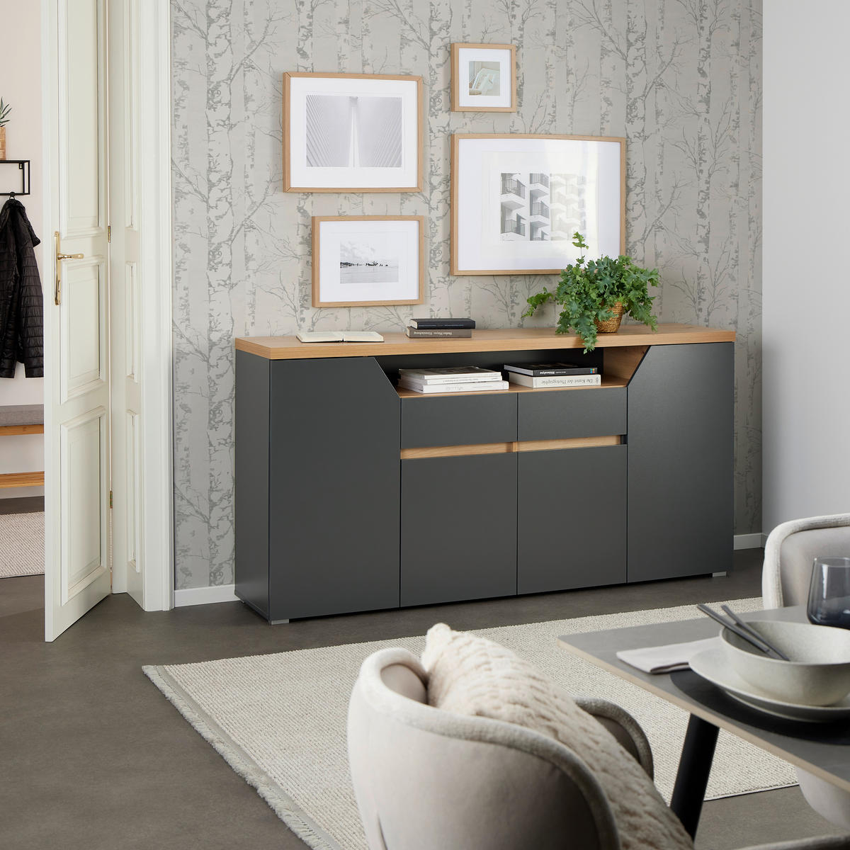 KOMODA, antracit, hrast artisan  - bela/antracit, Moderno, leseni material (180,5/91,6/40cm) - MID.YOU