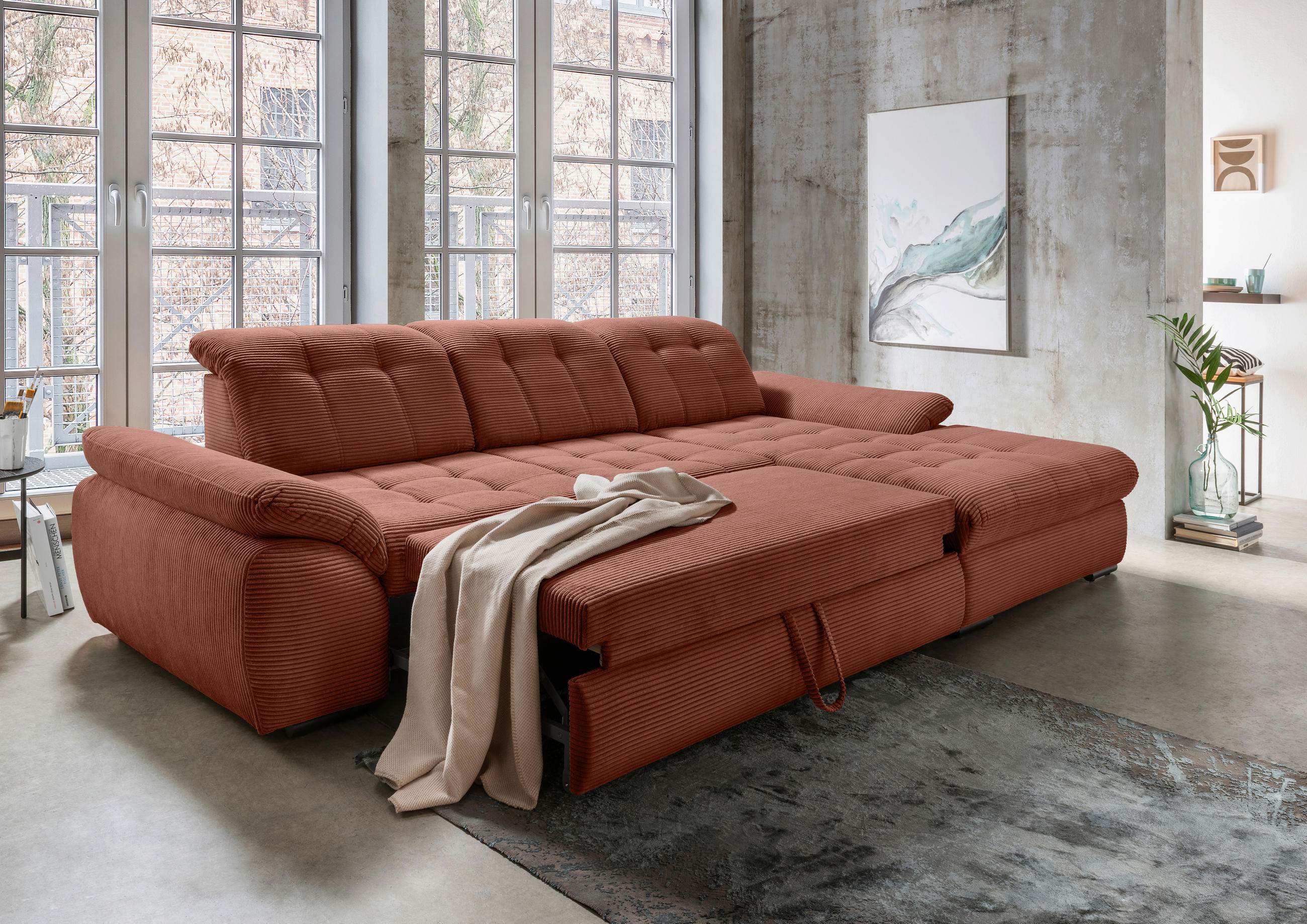 ECKSOFA Koralle Cord  - Koralle/Schwarz, MODERN, Textil/Metall (314/184cm) - Livetastic