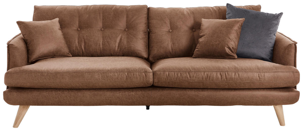 3-SITZER-SOFA Lederlook Braun, Beige  - Beige/Naturfarben, Design, Holz/Textil (220/83/92cm) - Lomoco
