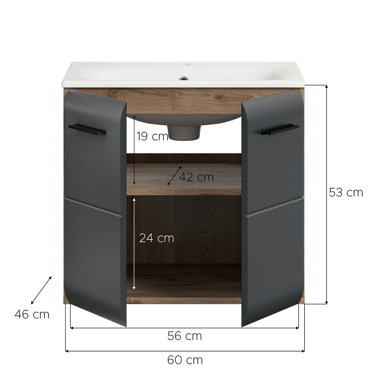 WASCHTISCHKOMBI 60 cm  - Eiche dunkel/Schwarz, Basics, Keramik/Holzwerkstoff (60cm) - MID.YOU