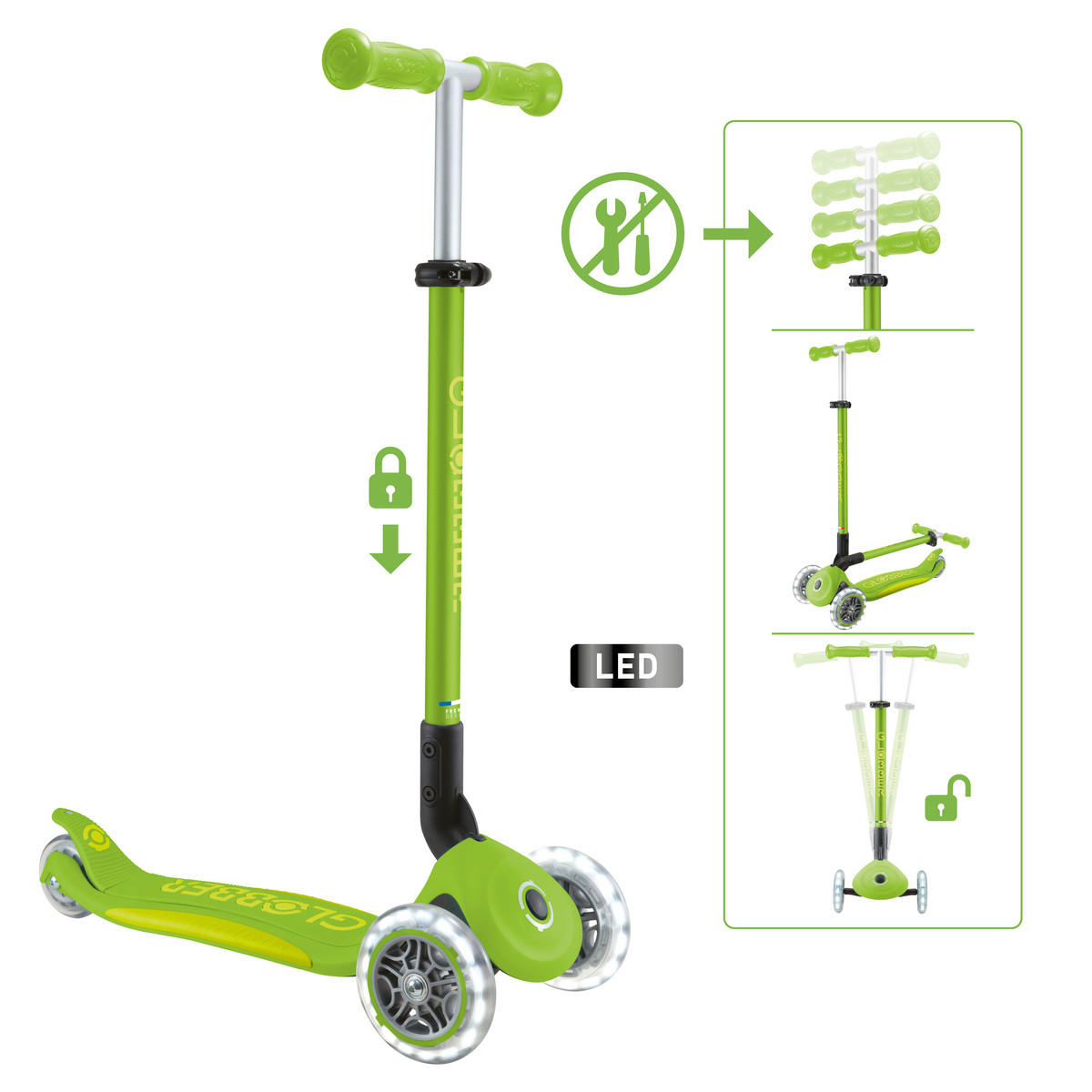 KINDERSCOOTER PRIMO FOLDABLE PLUS LIGHTS  - Limette/Grün, LIFESTYLE, Kunststoff/Metall (57,5/28/82,5cm) - GLOBBER