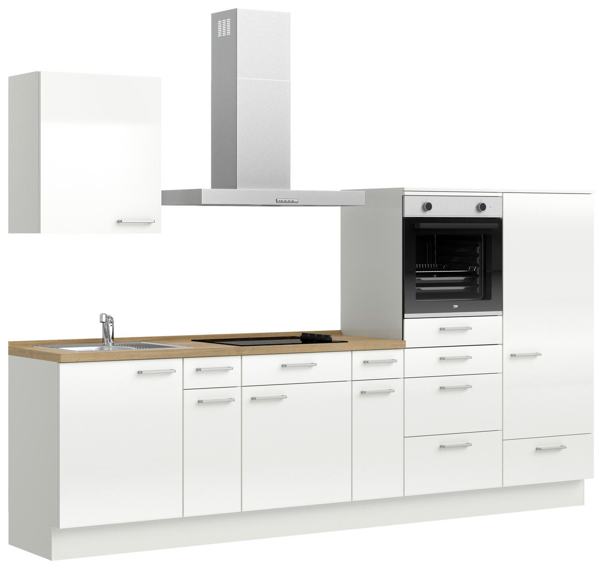 KÜCHENLEERBLOCK 300 cm   in Eichefarben, Weiß Hochglanz  - Edelstahlfarben/Eichefarben, MODERN, Holzwerkstoff/Metall (300cm) - Nobilia