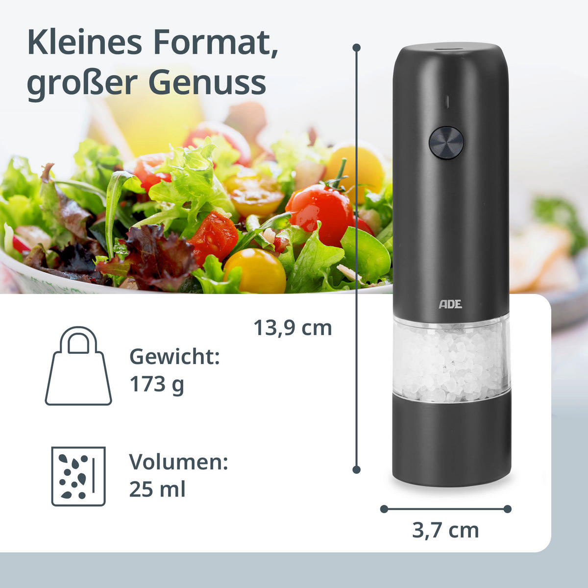 ELEKTR. SALZ-/PFEFFERMÜHLE  - Anthrazit, Basics, Kunststoff/Metall (3,8/3,8/14cm) - ADE