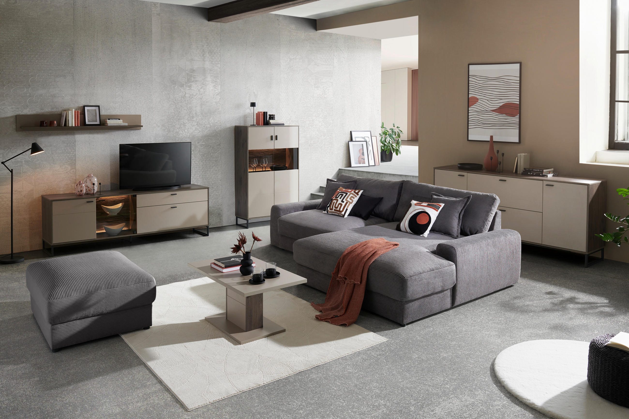 ECKSOFA Dunkelgrau Cord - Dunkelgrau/Schwarz, MODERN, Kunststoff/Textil (300/180cm) - Carryhome