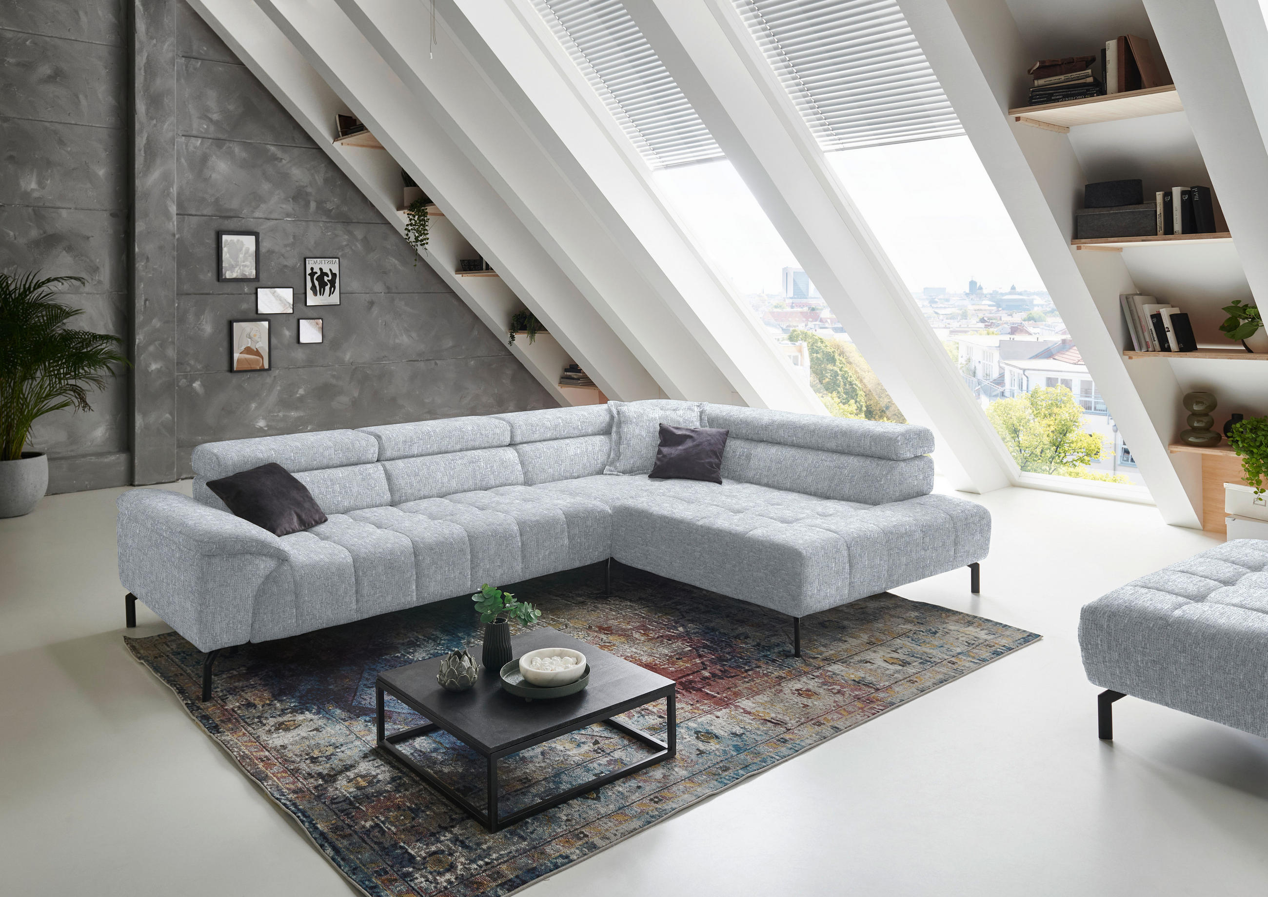 ECKSOFA in Chenille Hellgrau  323/222 cm  - Hellgrau/Schwarz, Design, Textil/Metall (323/222cm) - Beldomo Style