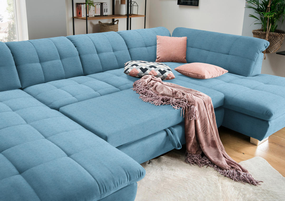 WOHNLANDSCHAFT in Mikrofaser Pastellblau  - Chromfarben/Pastellblau, Design, Kunststoff/Textil (204/350/211cm) - Xora