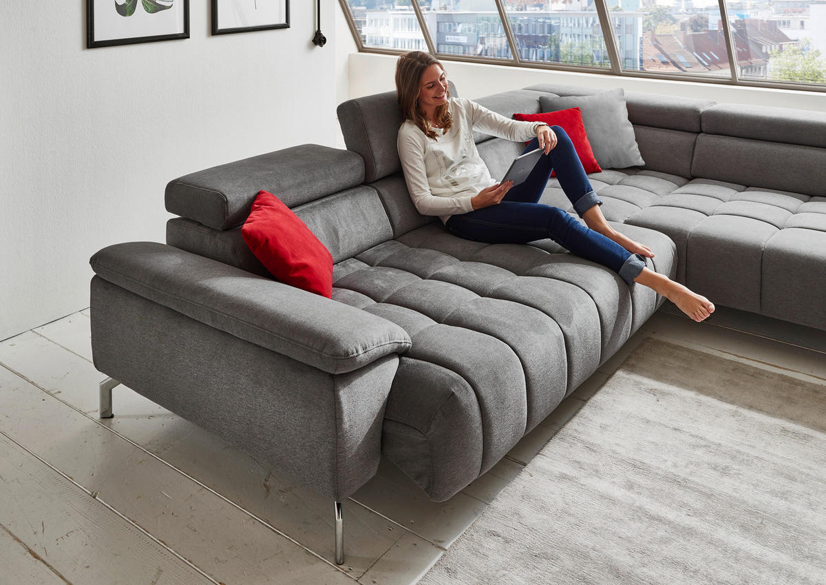 ECKSOFA Grau Chenille  - Chromfarben/Grau, Design, Textil/Metall (323/222cm) - Beldomo Style