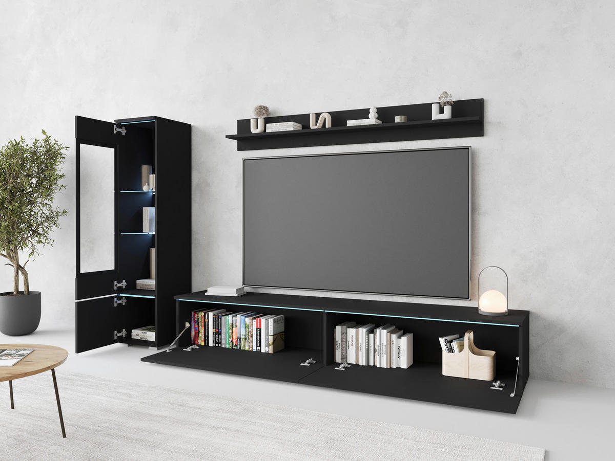 WOHNWAND 3-teilig  in Graphitfarben 210/130/33 cm  - Schwarz/Graphitfarben, Basics, Glas/Holzwerkstoff (210/130/33cm) - P & B