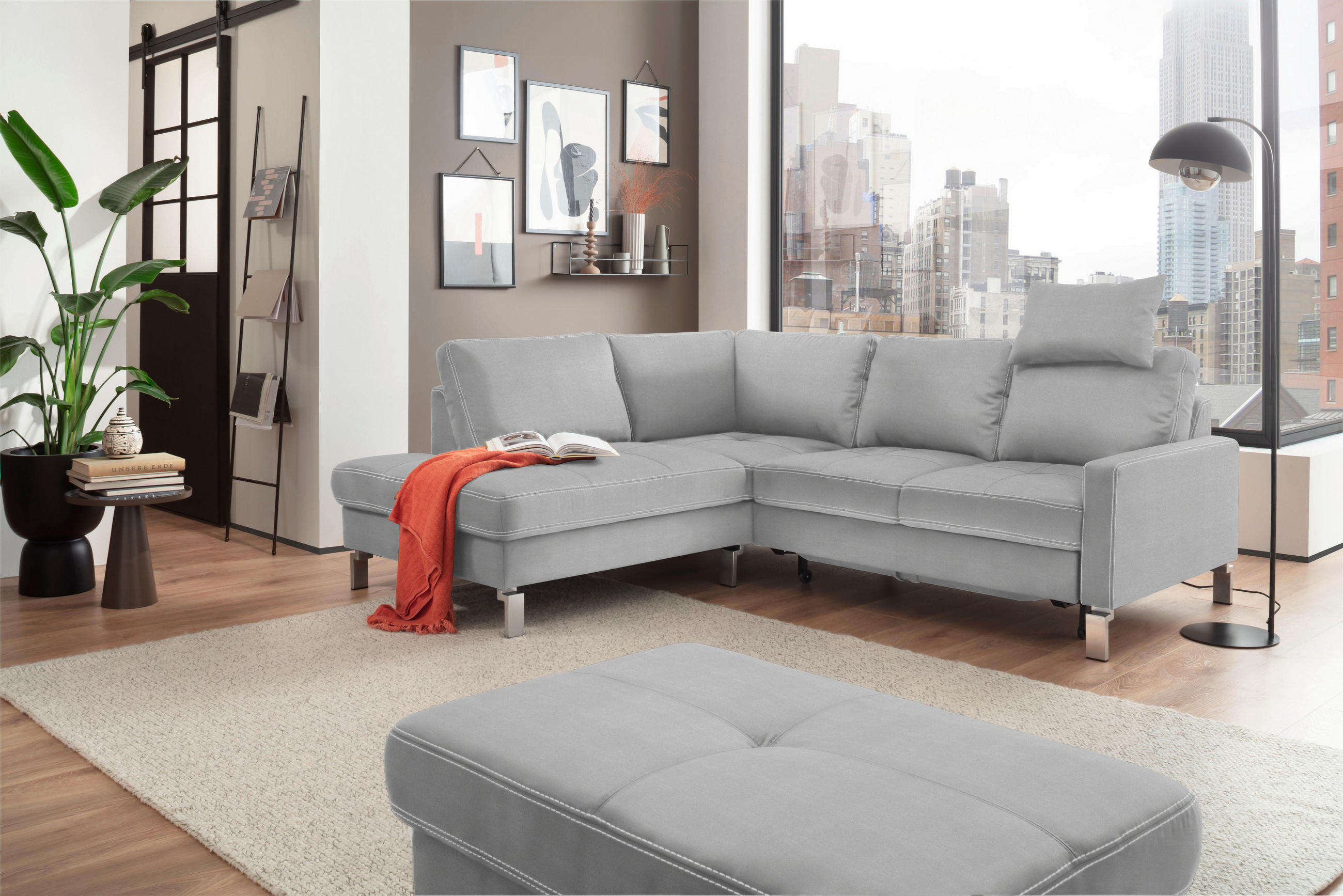 ECKSOFA in Mikrofaser Hellgrau  - Chromfarben/Beige, Design, Textil/Metall (200/229cm) - Pure Home Lifestyle
