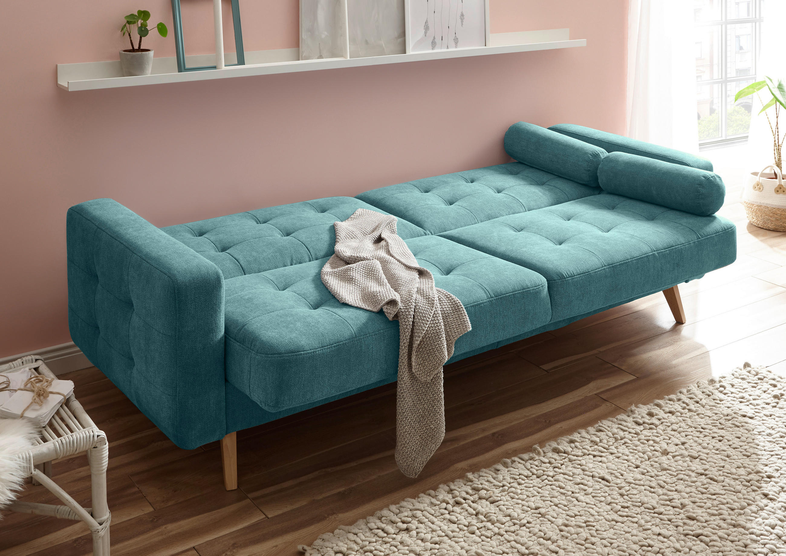 SCHLAFSOFA in Mikrovelours Grün  - Schlammfarben/Eichefarben, MODERN, Holz/Textil (222/86/90cm) - MID.YOU