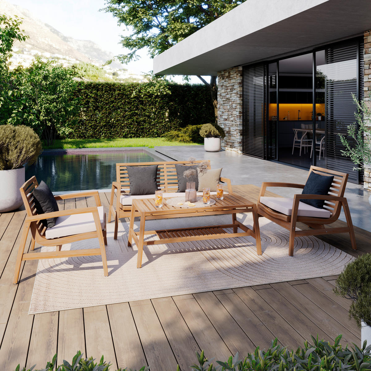 LOUNGEGARNITUR Teakholz Hartholz  - Beige/Naturfarben, Natur, Holz/Textil (138/73/71cm) - Ambia Garden