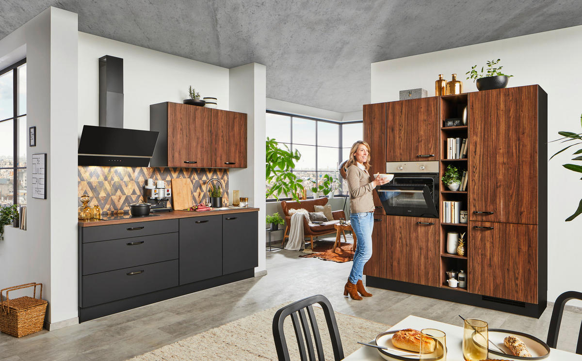 EINBAUKÜCHE   - Nussbaumfarben/Schwarz, Design, Holzwerkstoff - Celina