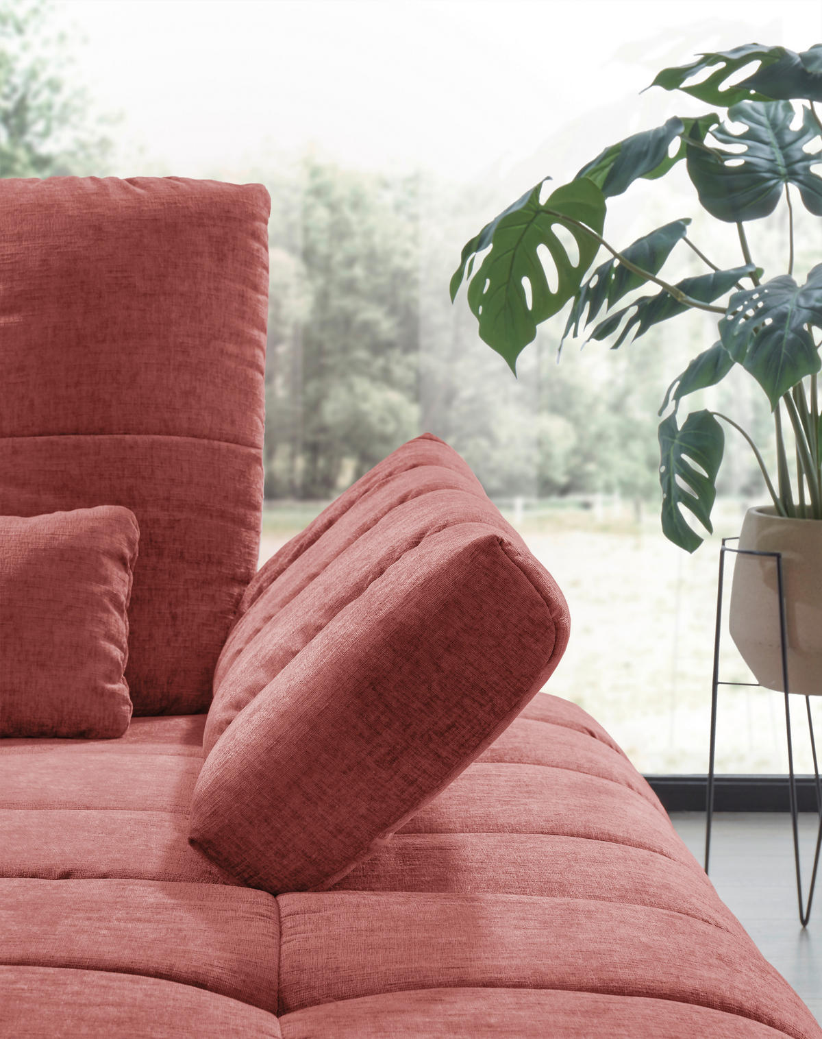 ECKSOFA Weinrot Flachgewebe Rücken echt, Sitztiefenverstellung  - Weinrot/Schwarz, KONVENTIONELL, Textil/Metall (273/211cm) - SetOne by Musterring