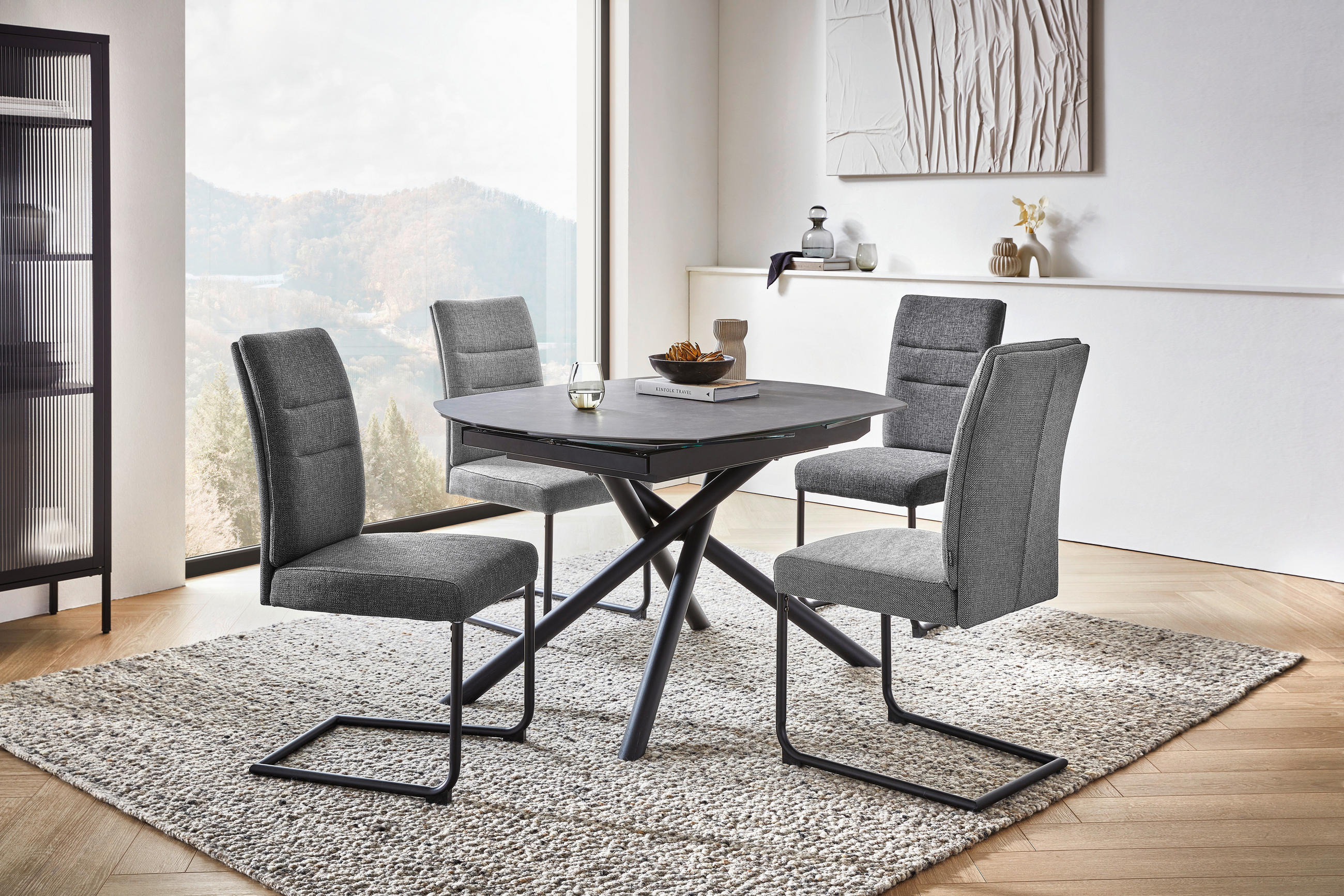 Thumbnail - Novel Esstisch, Anthrazit, Schwarz, Metall, Glas, Keramik, oval, zylindrisch, 100x77x130-190 cm, ausziehbar, Esszimmer, ...