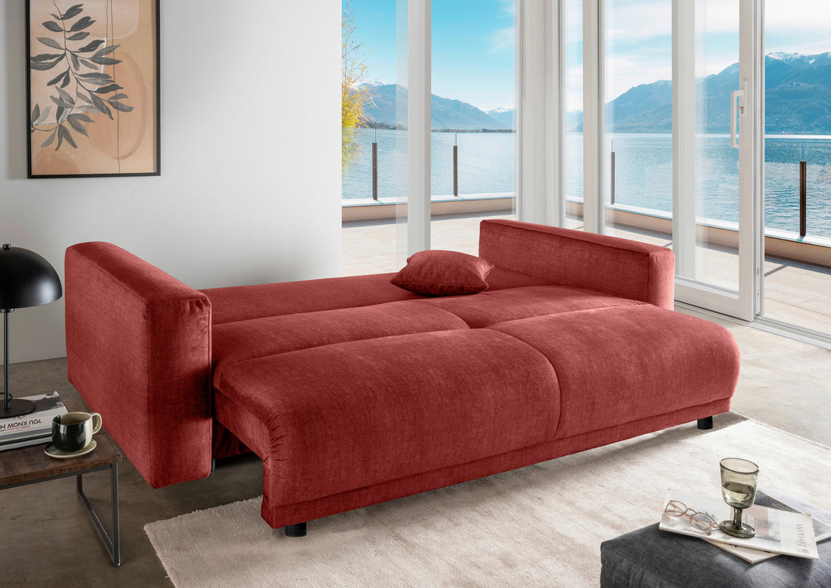 SCHLAFSOFA  mit Liegefunktion, Rücken echt Velours Koralle  - Koralle/Schwarz, MODERN, Kunststoff/Textil (245/86/126cm) - Livetastic