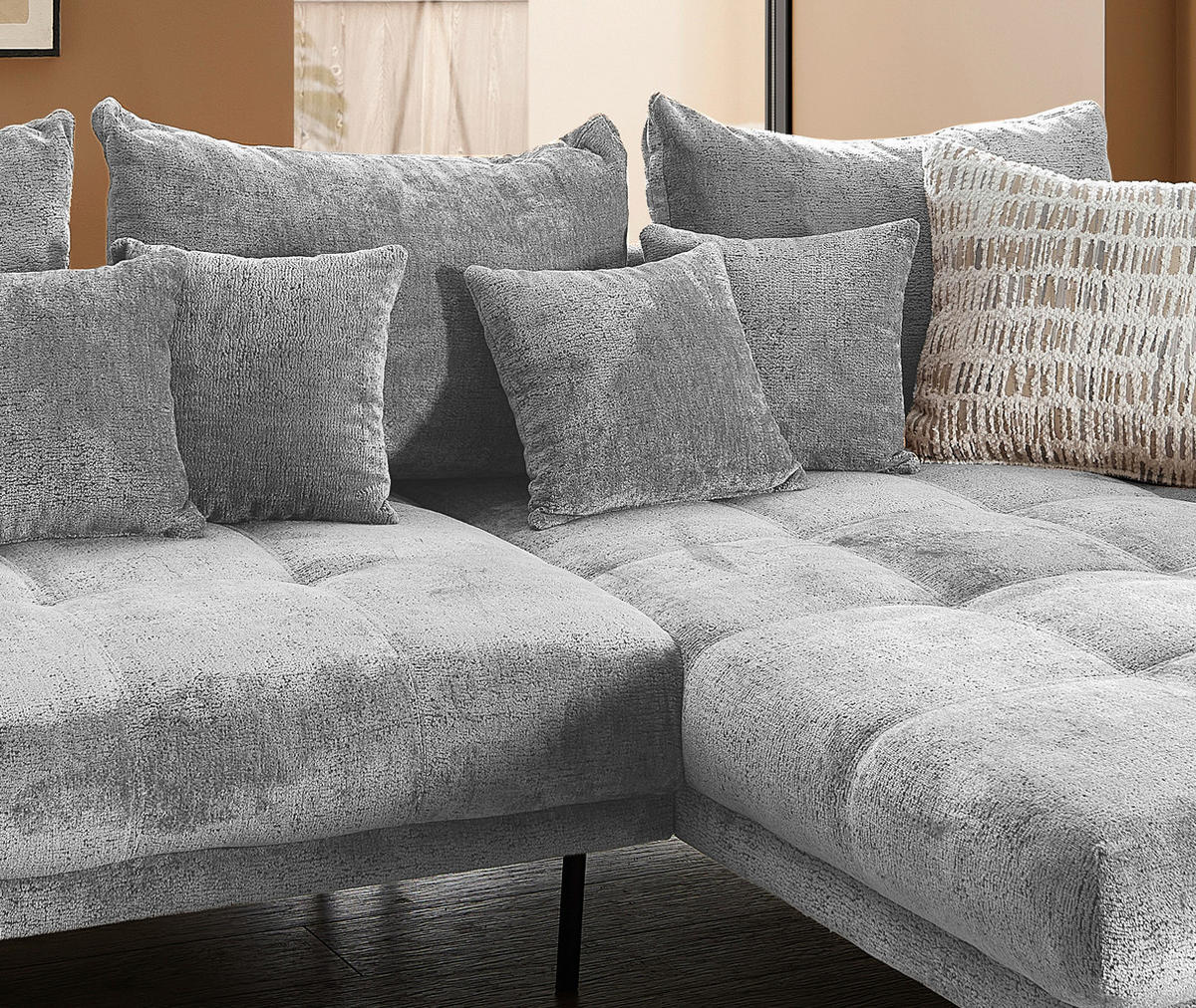 ECKSOFA GARDA in Chenille Silberfarben  310/192 cm  - Silberfarben/Schwarz, KONVENTIONELL, Textil/Metall (310/192cm) - Livetastic