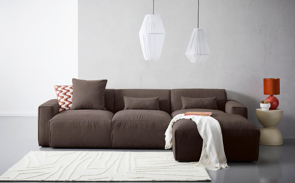 ECKSOFA in Cord Mokka  - Schwarz/Mokka, Design, Kunststoff/Textil (303/196cm) - Livetastic