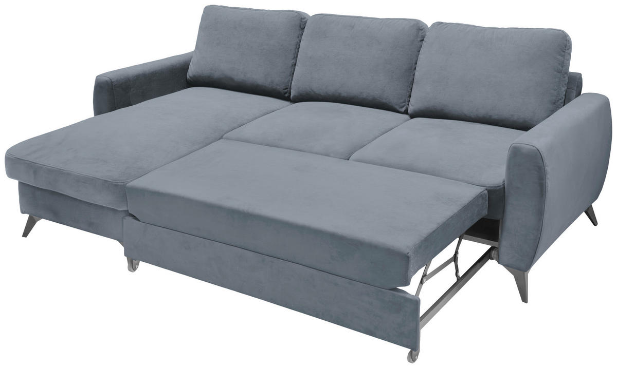 ECKSCHLAFSOFA JEFFREY Mikrovelours Grau  inkl. Zierkissen, Rückenkissen, Stauraum  - Dunkelgrau/Schwarz, KONVENTIONELL, Textil/Metall (230/150cm) - Livetastic