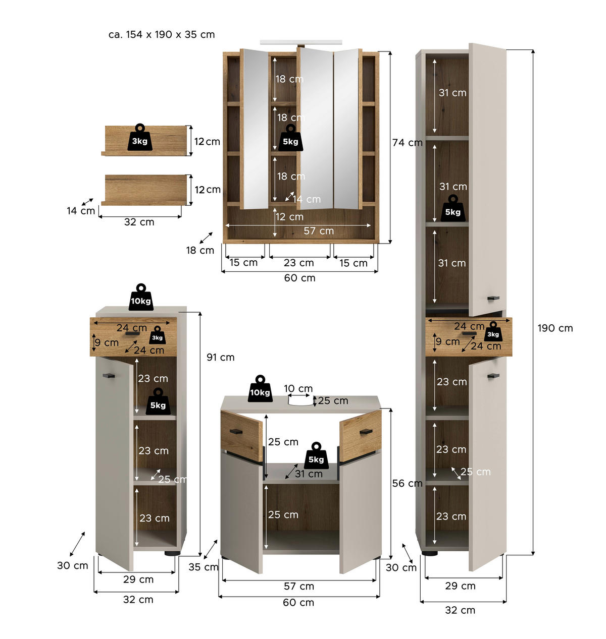 BADEZIMMER 5-teilig  in 124 cm  - Kaschmir/Eichefarben, Trend, Glas/Holzwerkstoff (124cm) - MID.YOU