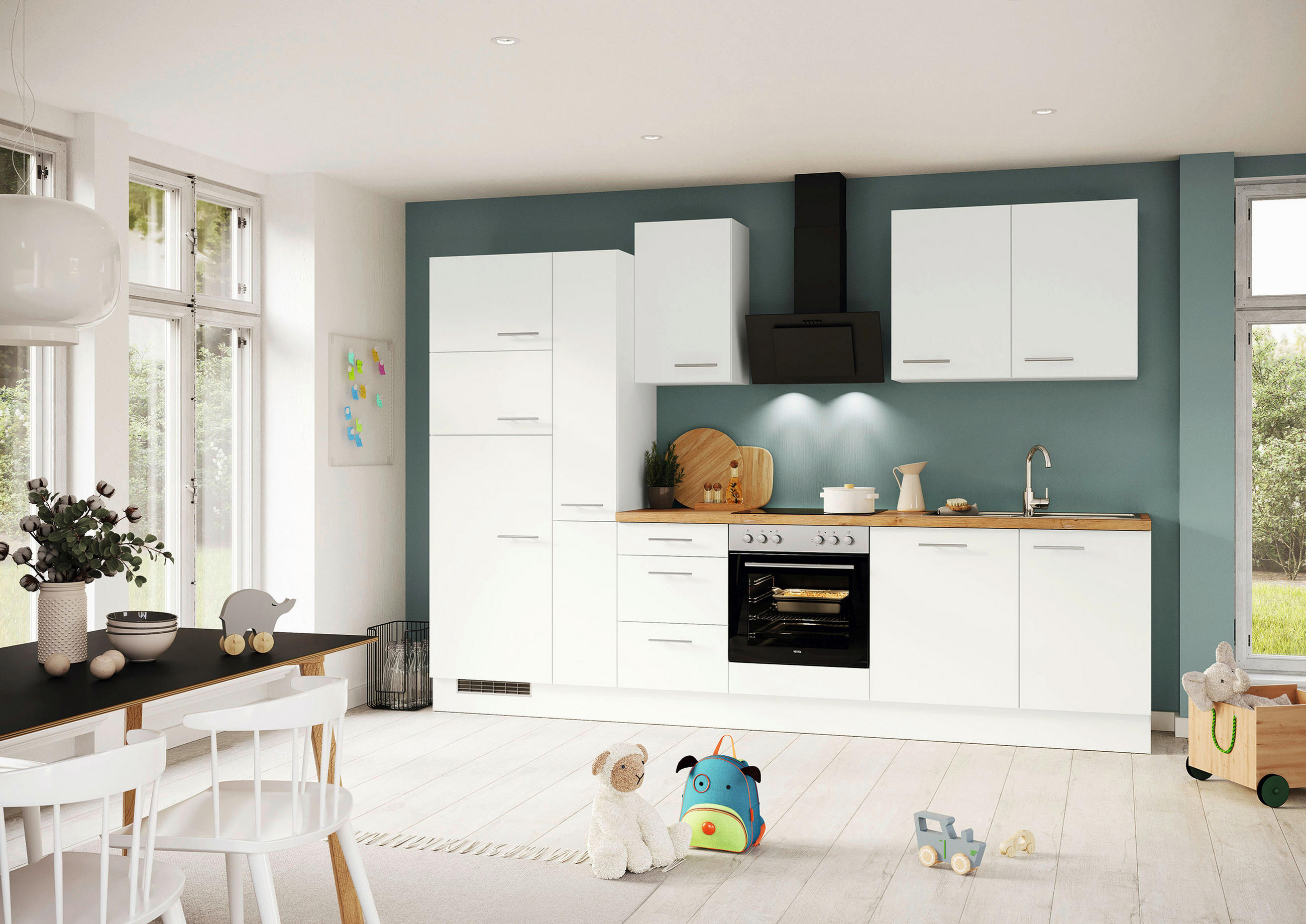 KÜCHENBLOCK 310 cm   in Weiß  - Eichefarben/Silberfarben, Trend, Holzwerkstoff/Metall (310cm) - Impuls