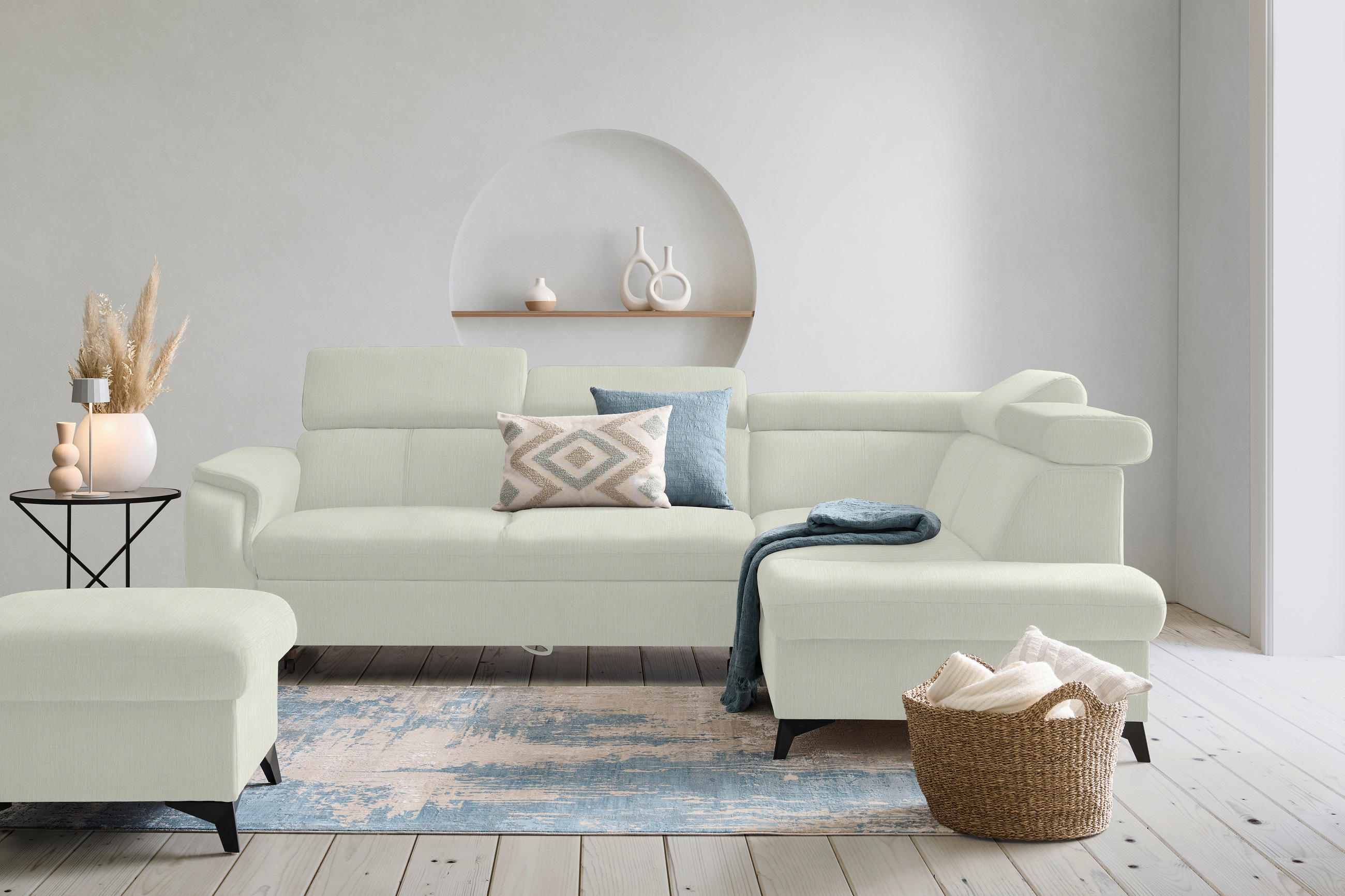 ECKSOFA in Flachgewebe Weiss  - Weiss/Schwarz, Design, Textil/Metall (260/203cm) - Stylife