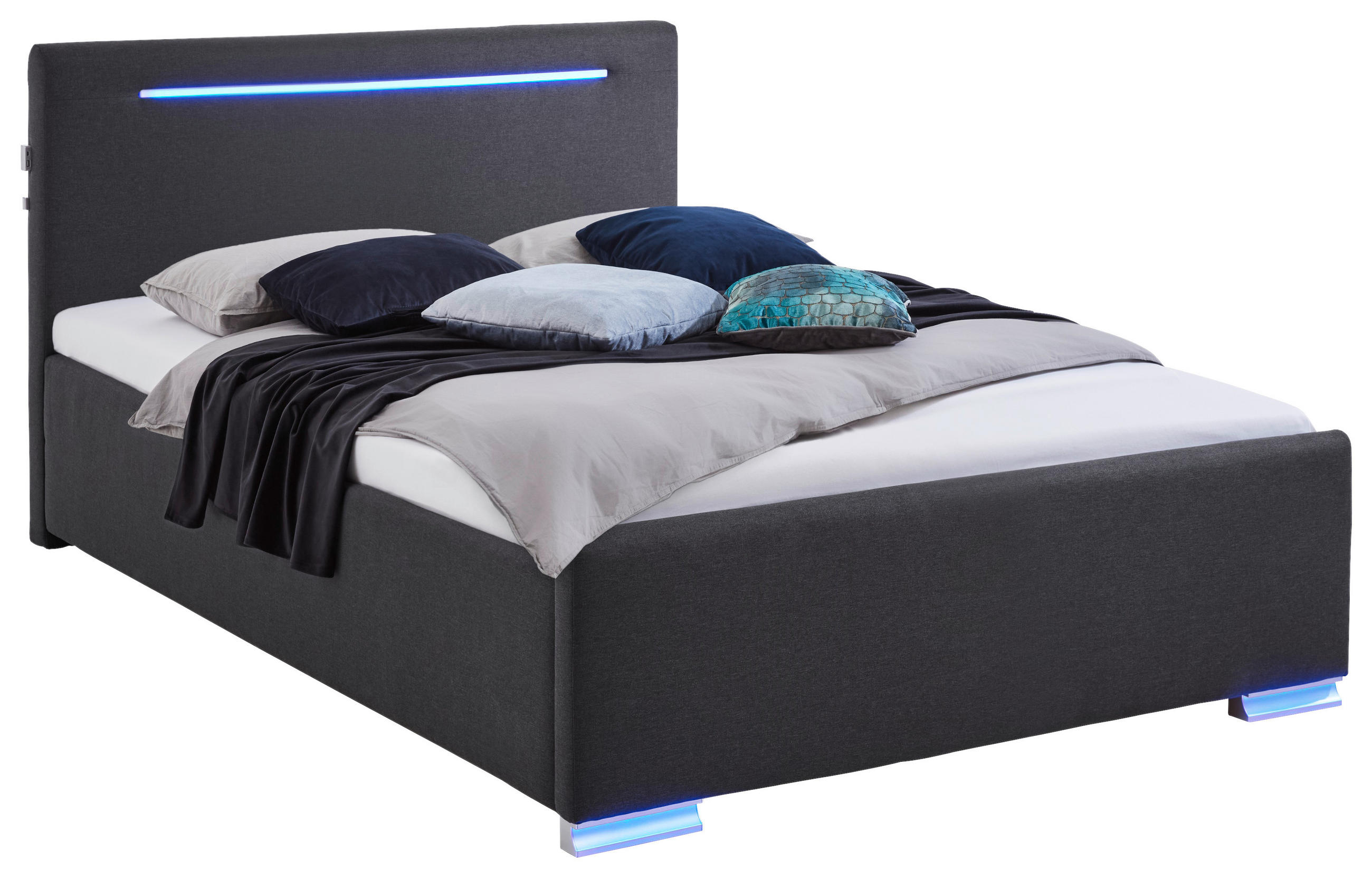 POLSTERBETT 140/200 cm,  in Schwarz, Beleuchtung,  - Silberfarben/Schwarz, Design, Kunststoff/Textil (140/200cm) - Boxxx