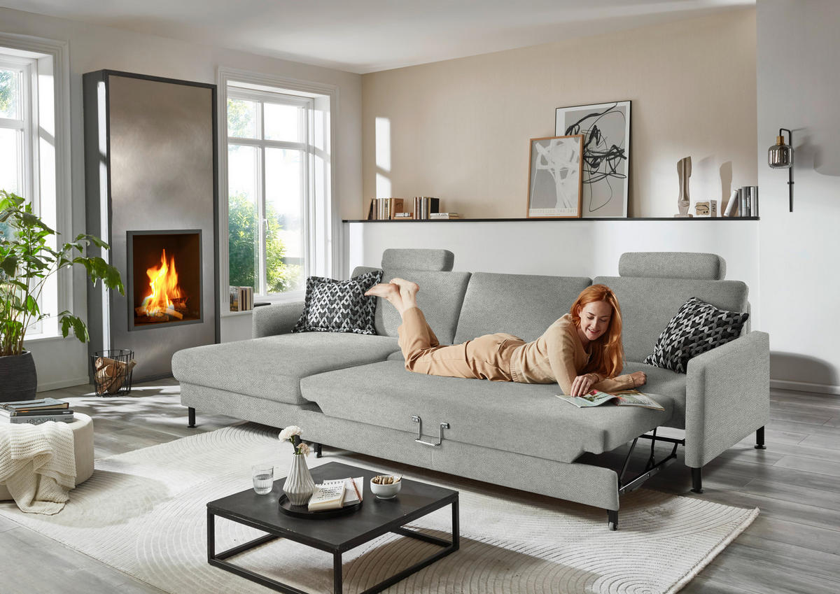 ECKSOFA  in Chenille, Flachgewebe Silberfarben  175/316 cm  - Silberfarben/Schwarz, Design, Textil/Metall (175/316cm) - Dieter Knoll