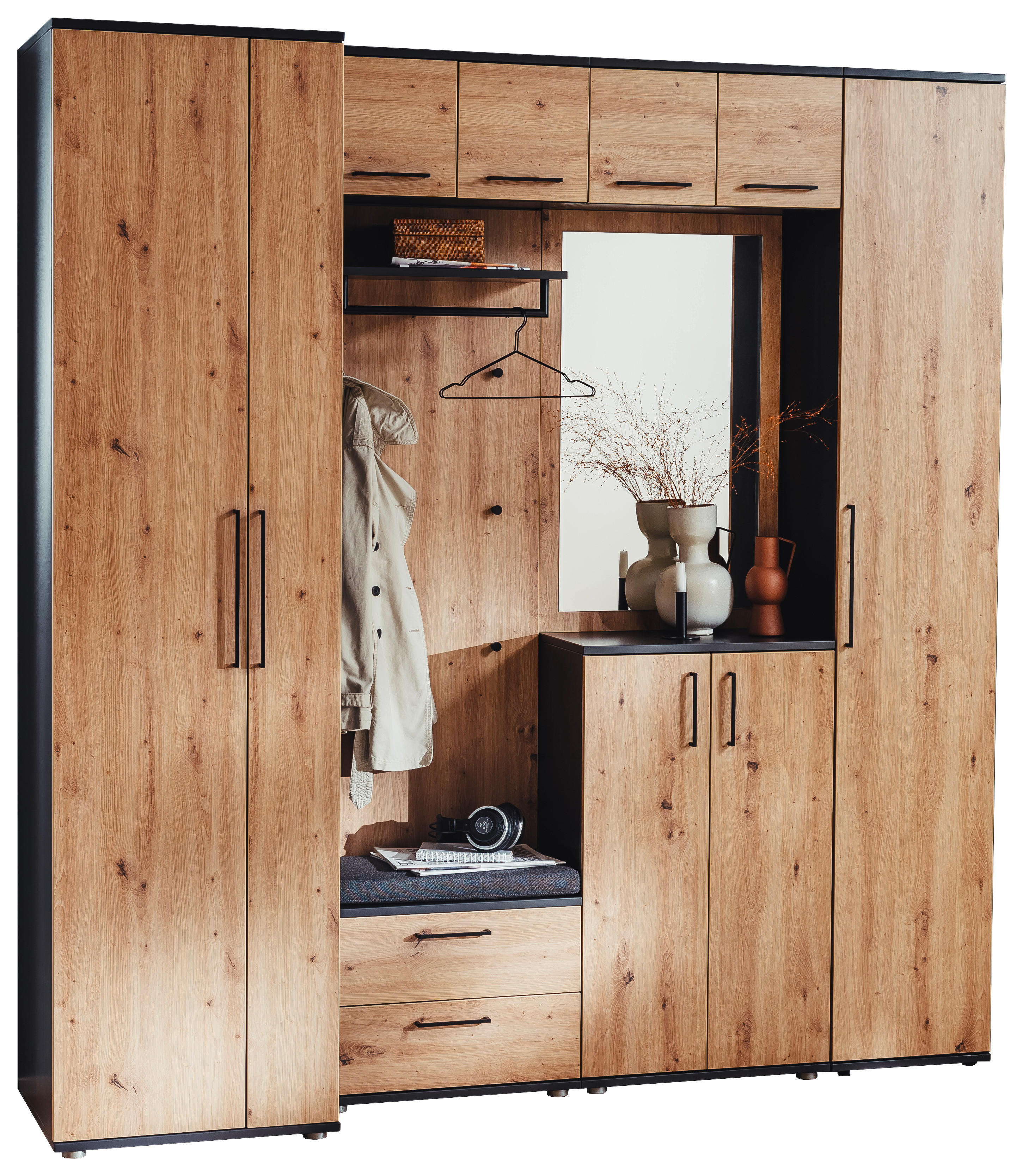 GARDEROBE 10-teilig  in 221/233/56 cm  - Eichefarben/Anthrazit, Design, Holzwerkstoff (221/233/56cm) - Moderano