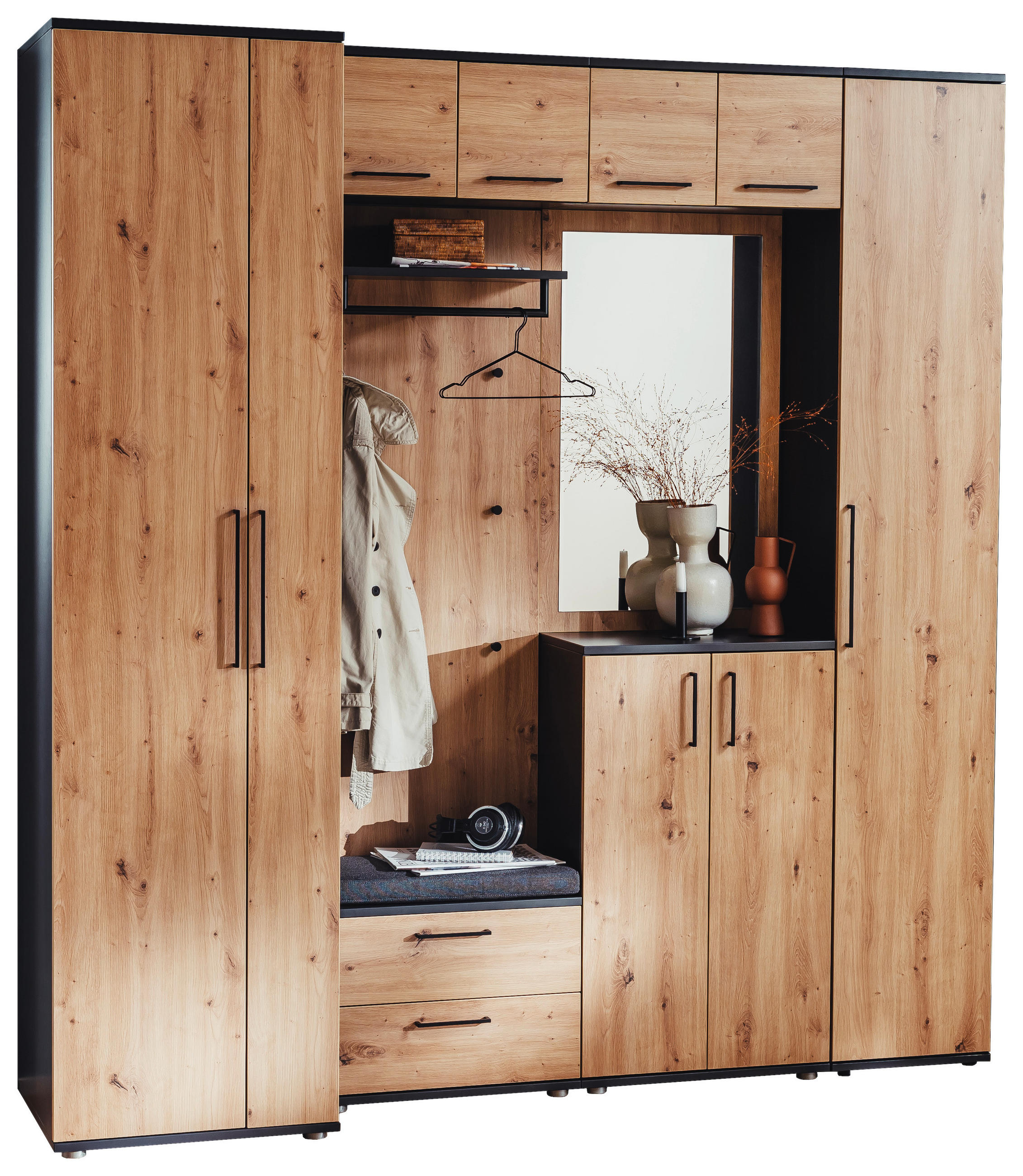 GARDEROBE 10-teilig in 221/233/56 cm - Eichefarben/Anthrazit, Design, Holzwerkstoff (221/233/56cm) - Moderano
