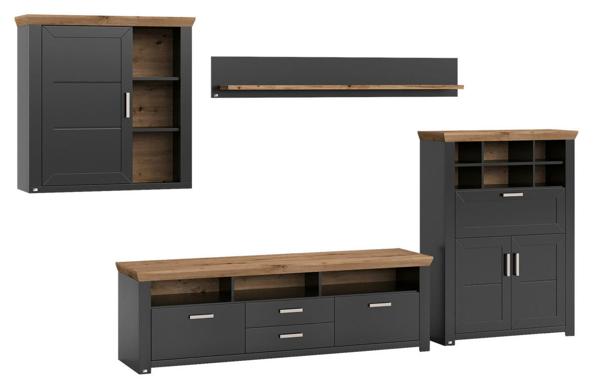 WOHNWAND  in Graphitfarben, Eiche Artisan  374/207/51,2 cm  - Graphitfarben/Eiche Artisan, Design, Holzwerkstoff/Metall (374/207/51,2cm) - SetOne by Musterring