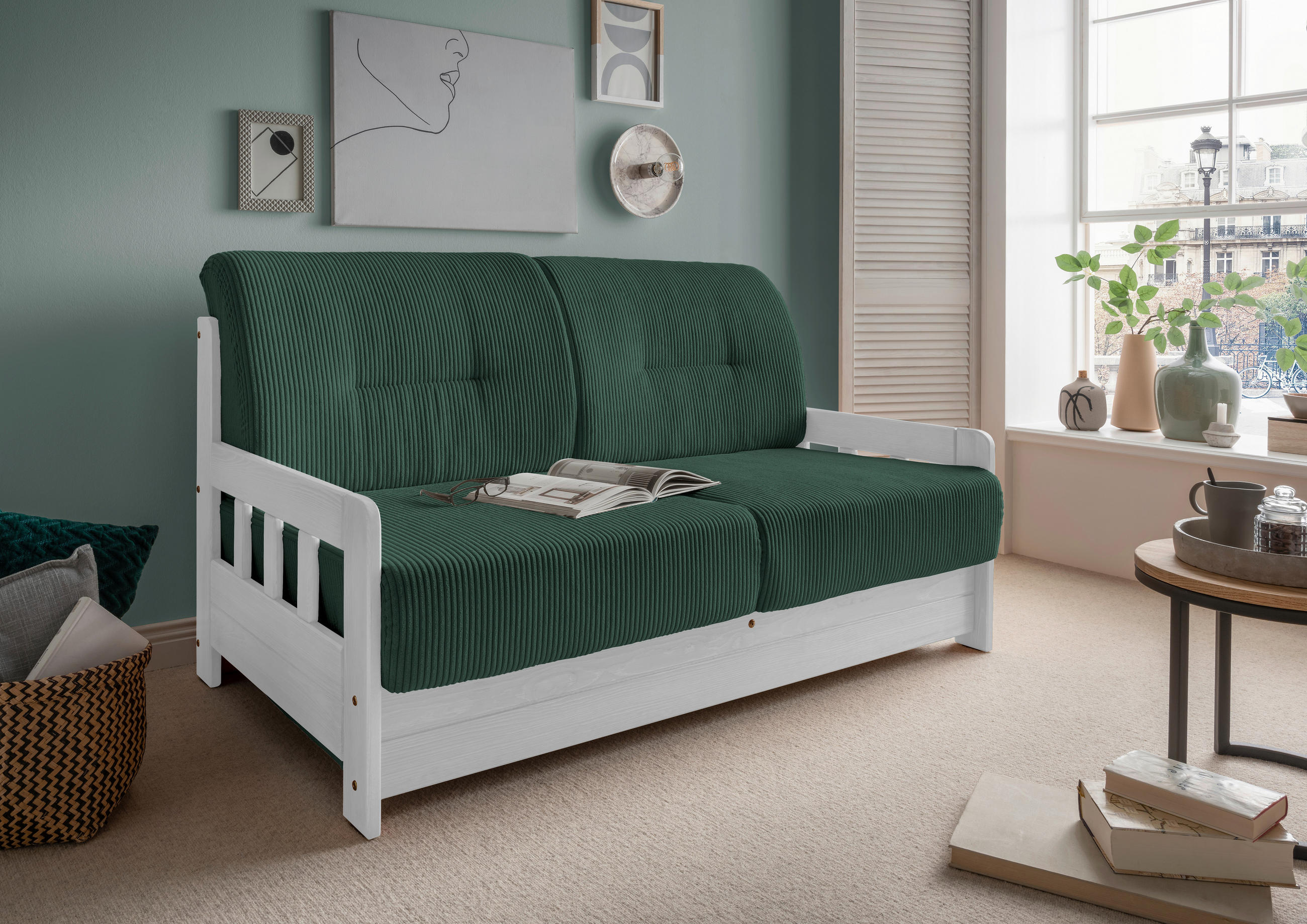 SCHLAFSOFA in Textil Grün  - Weiss/Grün, Modern, Holz/Textil (154/88/90cm) - Livetastic