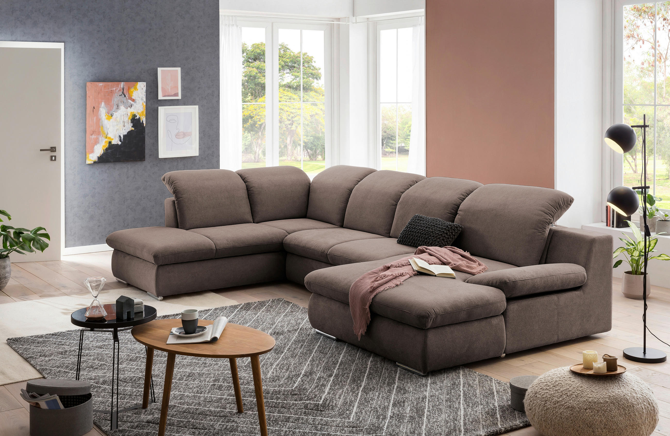 WOHNLANDSCHAFT Taupe Chenille - Taupe/Chromfarben, Design, Textil/Metall (212/353/165cm) - Livetastic