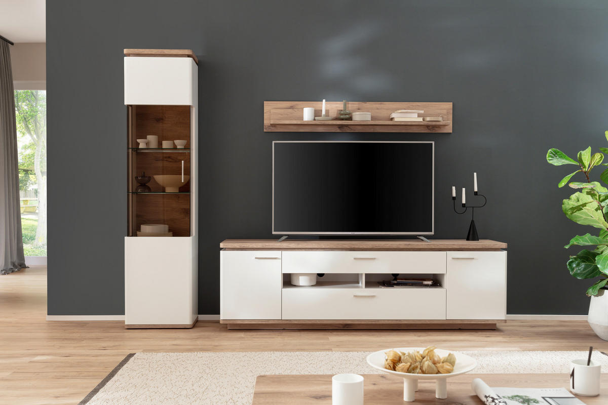 WOHNWAND  in Weiss, Eichefarben 270/208/50 cm  - Weiss/Eichefarben, Design, Glas/Holzwerkstoff (270/208/50cm) - Livetastic