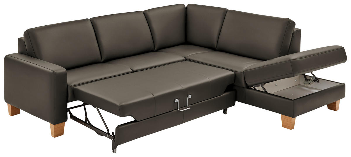 ECKSOFA in Echtleder Graubraun  - Eiche Bianco/Graubraun, Natur, Leder/Holz (257/235cm) - Valdera
