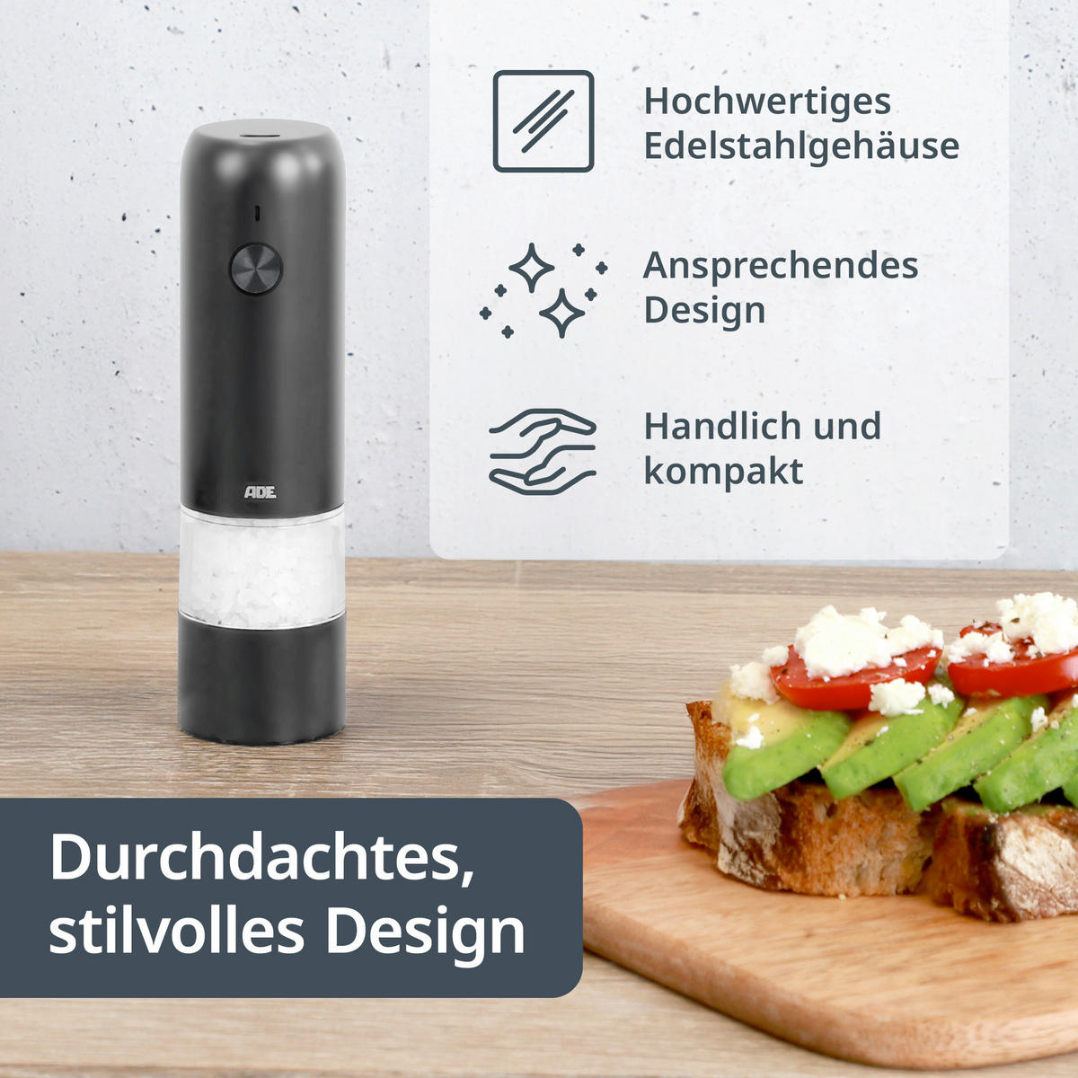 ELEKTR. SALZ-/PFEFFERMÜHLE  - Anthrazit, Basics, Kunststoff/Metall (3,8/3,8/14cm) - ADE